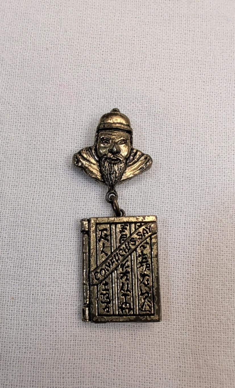 Vintage Confucius Book Charm Hanging Locket Brooch Pin Antiqued Brass-Tone Metal