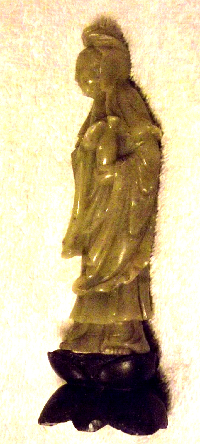 Vintage Chinese Hand Carved Jadeite Statue Figurine Woman w/Jug on Pedestal S