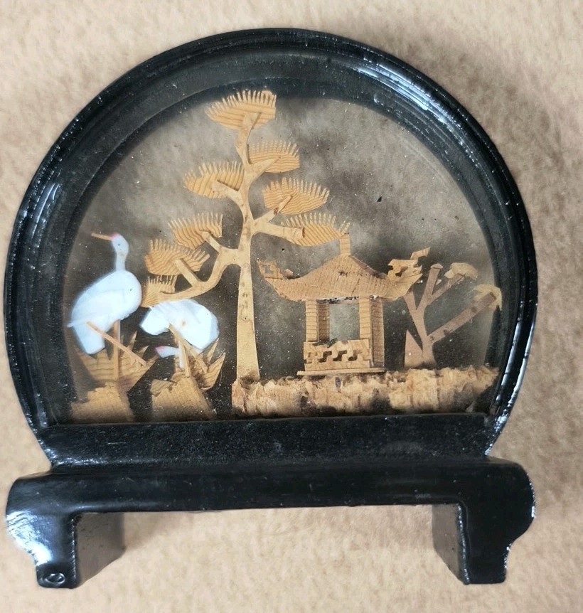 5 Vintage Chinese Oriental Asian CORK Carving DIORAMA Art 3D Cranes Shadow Box