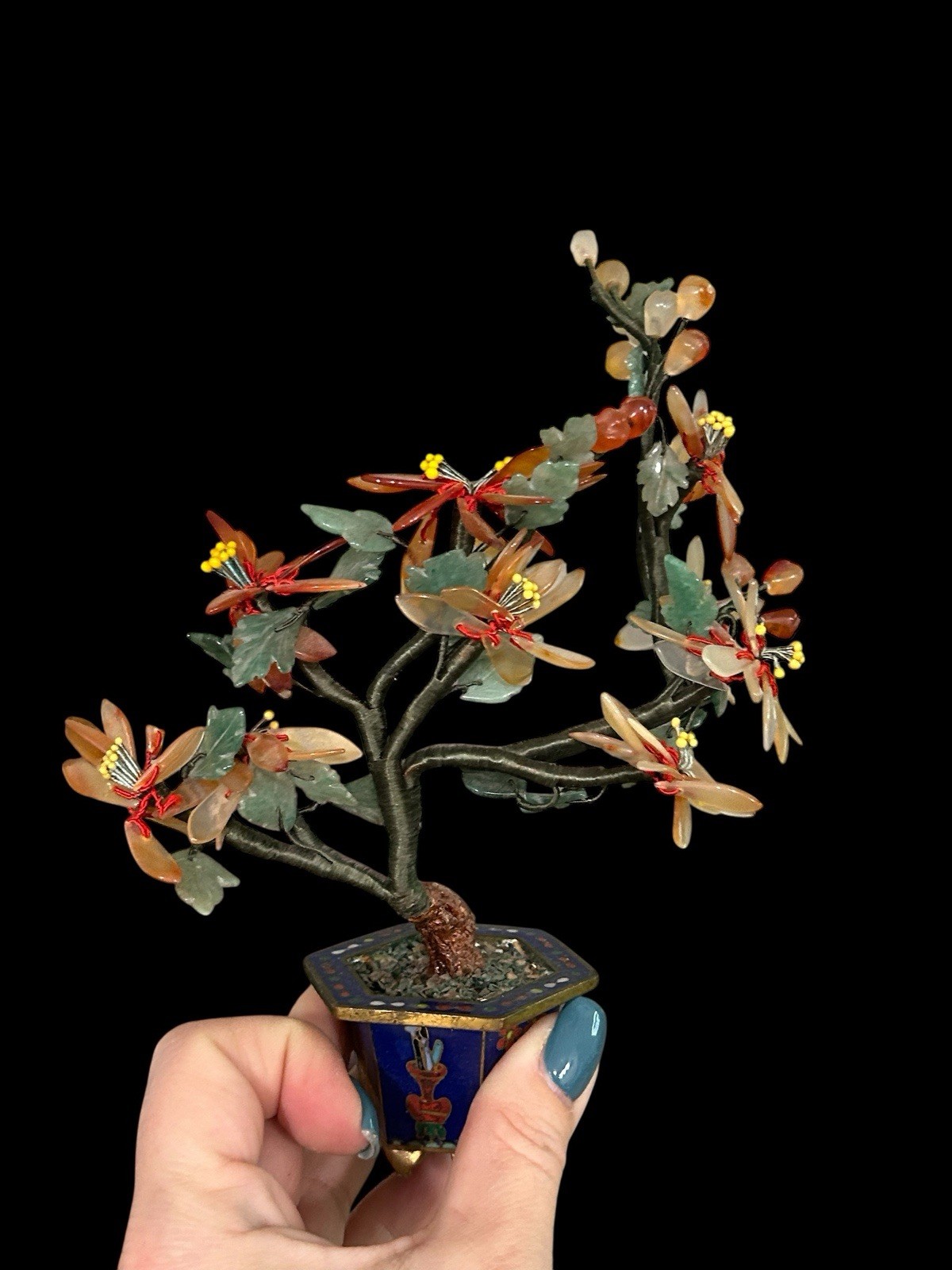 Chinese Gemstone Tree Quartz Bonsai Cloisonné Pot 7.5 Vintage Jedire Quartz Pot