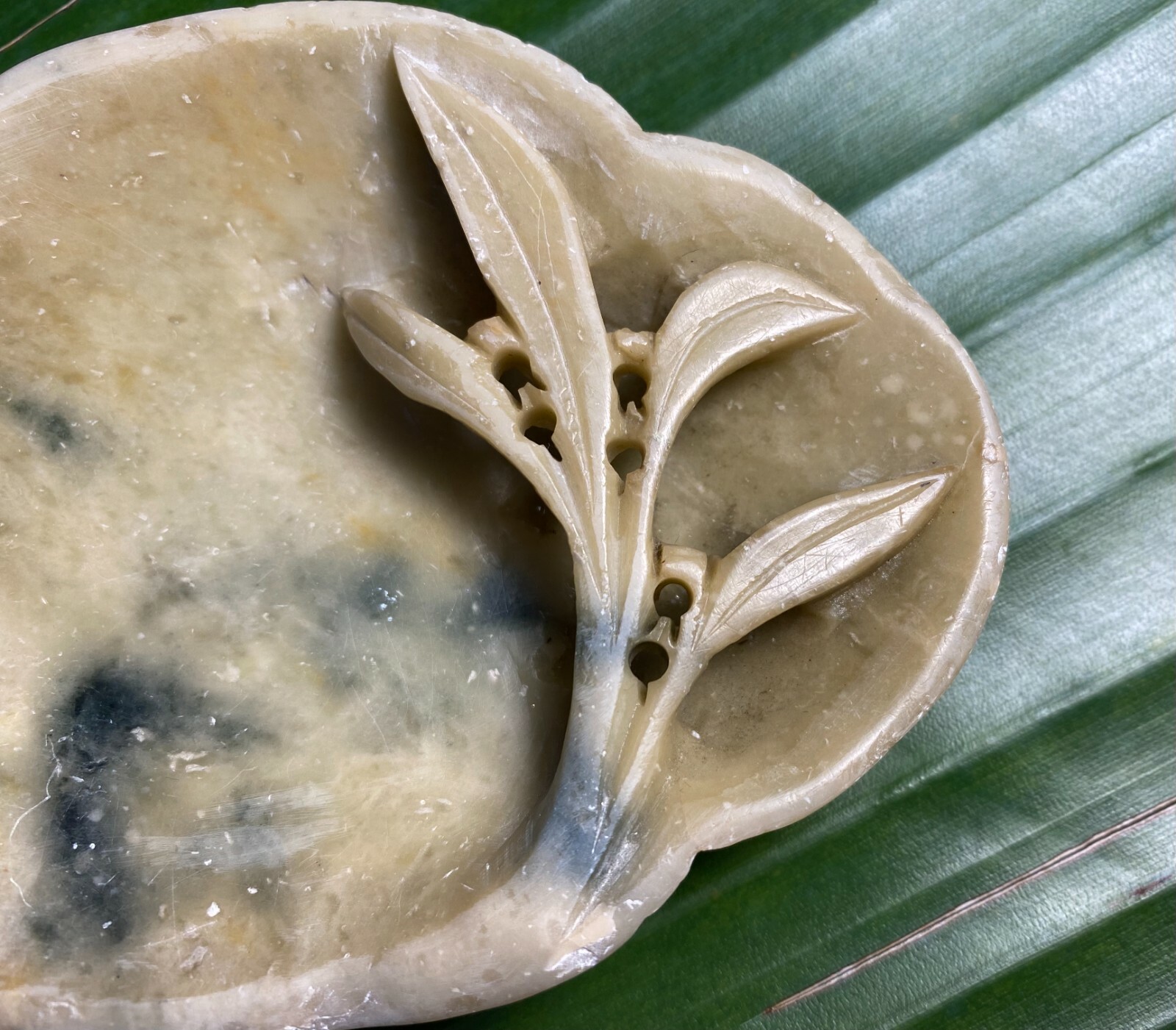Soapstone collectible carved ashtray or Trinket dish with flower and leaf motif