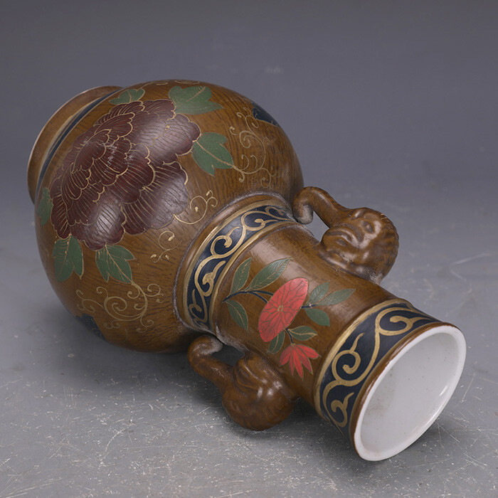 9″ Chinese Old Lacquer Glaze Porcelain Colour Decoration Elephant Ear Vase