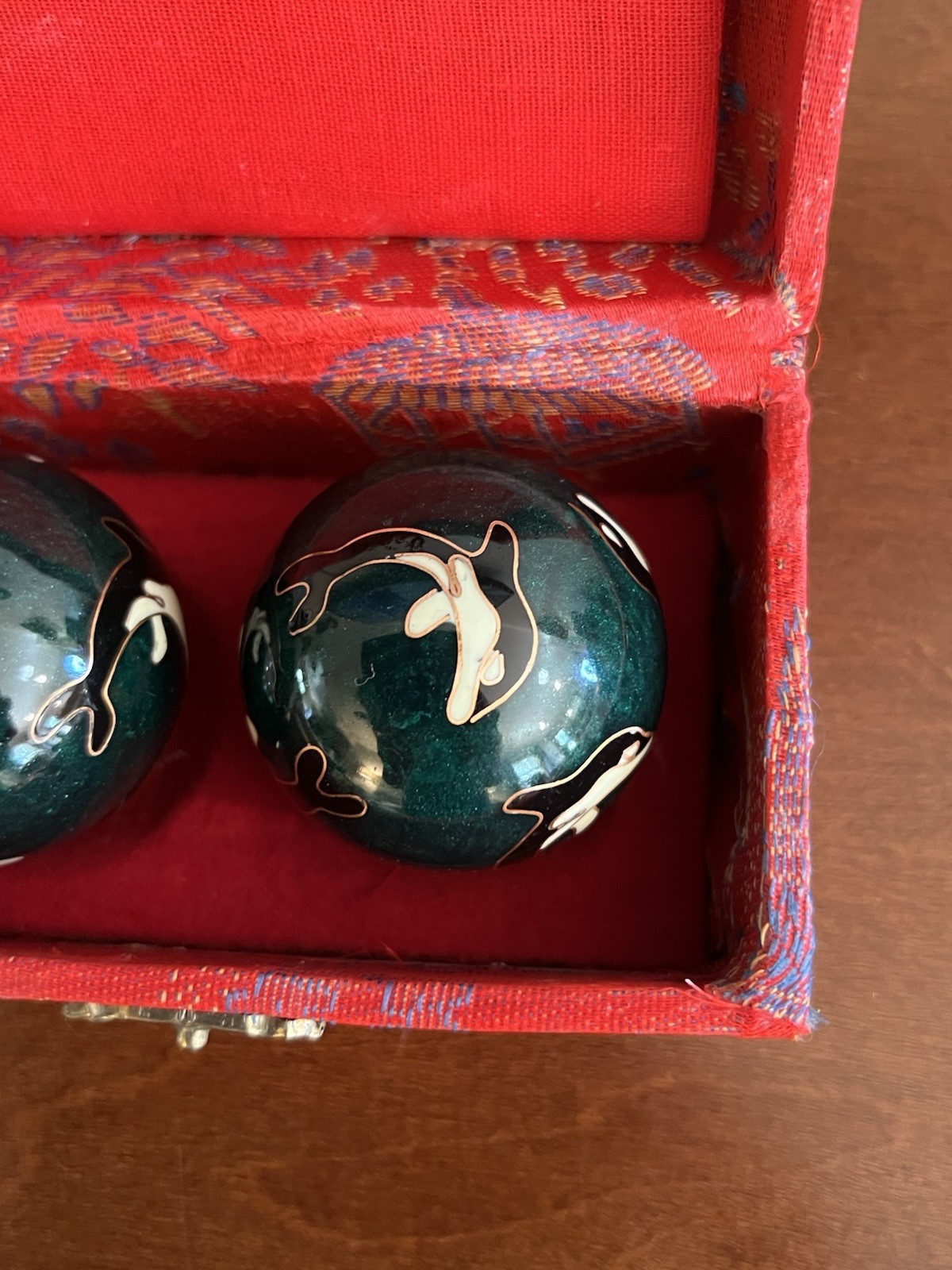 Vtg Chinese Baoding Meditation Health Balls Orca Whale Cloisonne w/ Box