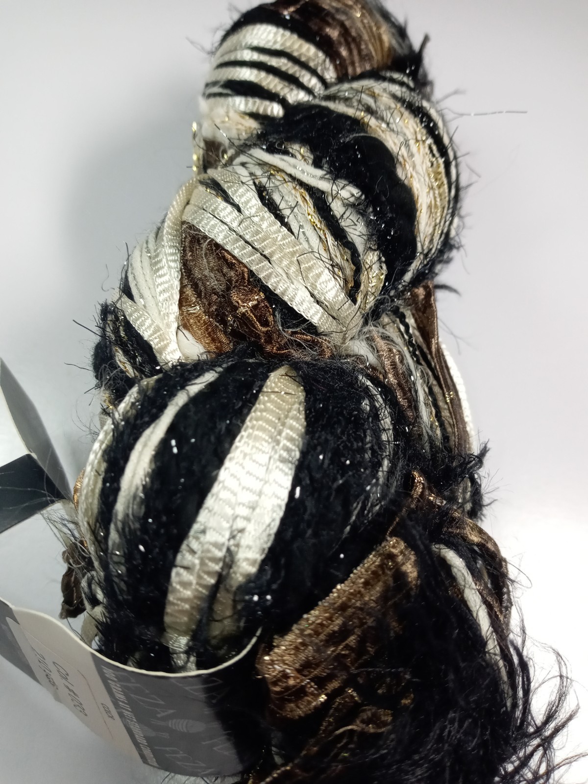 Feza Premier Ribbon Yarn Color #33 Black/Brown/White/Metallic Gold 100g 210 Yds