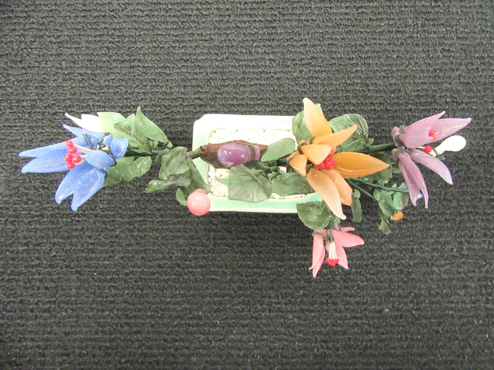Vintage Chinese Jade Glass Bonsai Tree 9″ W x 7″ T Multi Color Flowers #DBM