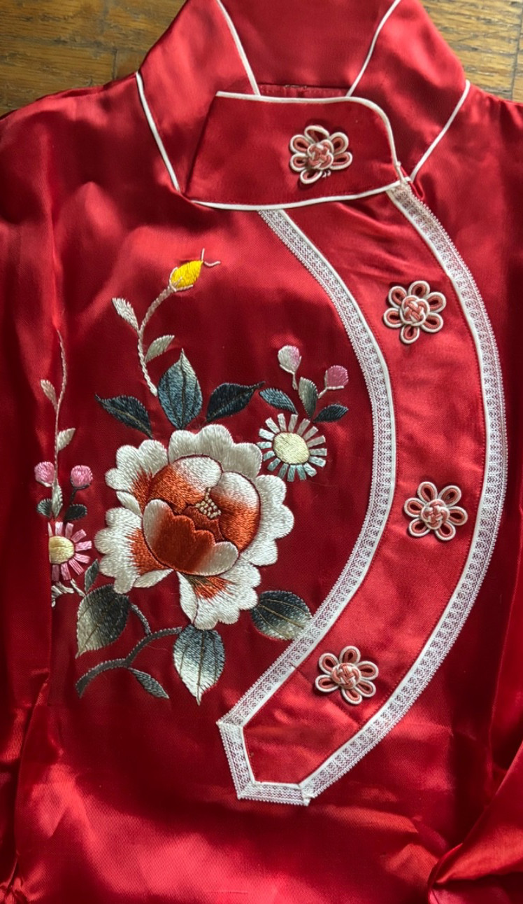 Vintage Chinese Red Silk Pajama Robe Set w/ Slippers & Box 1950s
