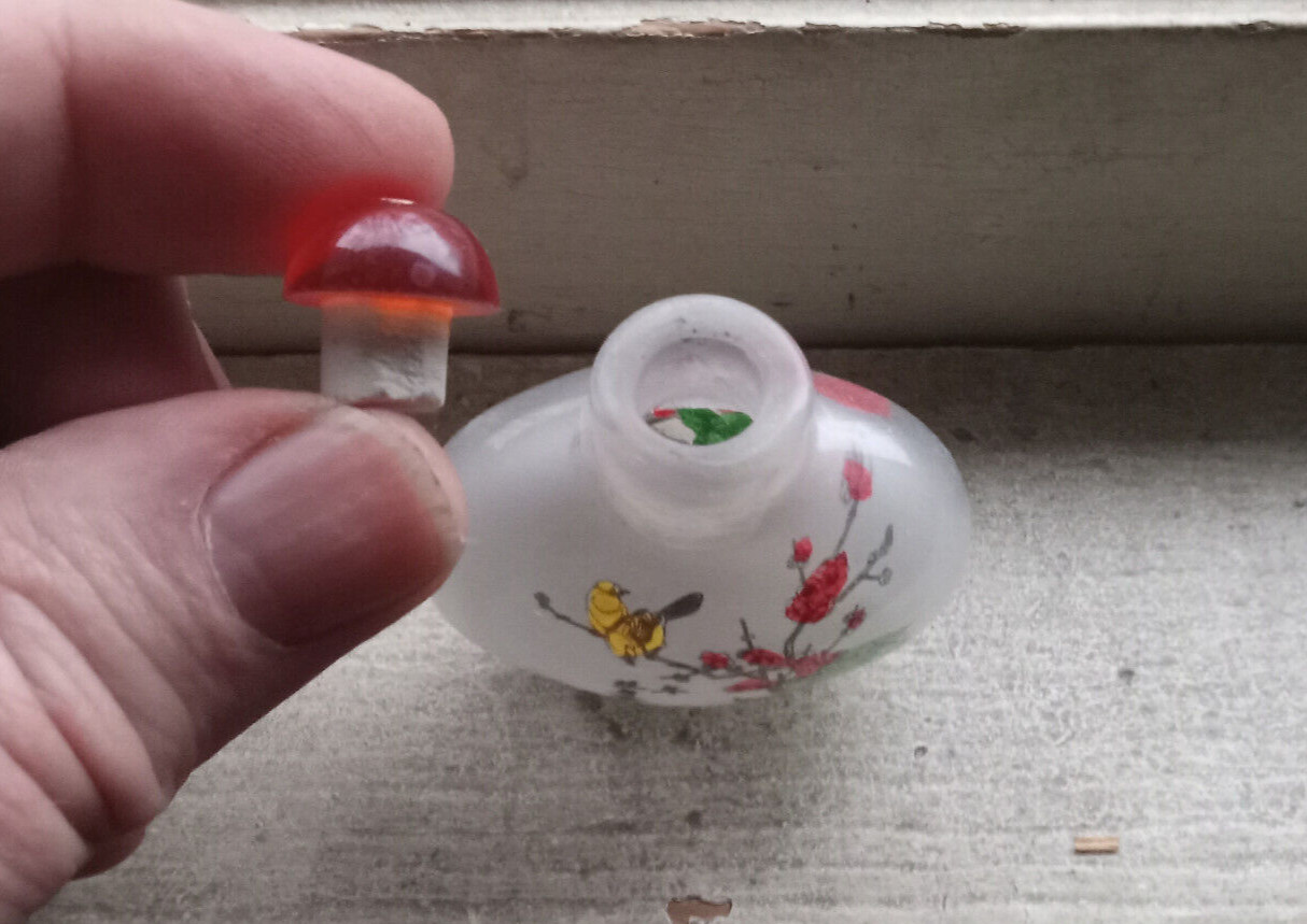 VINTAGE CHINESE REVERSE INSIDE PAINTED GLASS SNUFF BOTTLE WITH BIRDS & FLOWERS