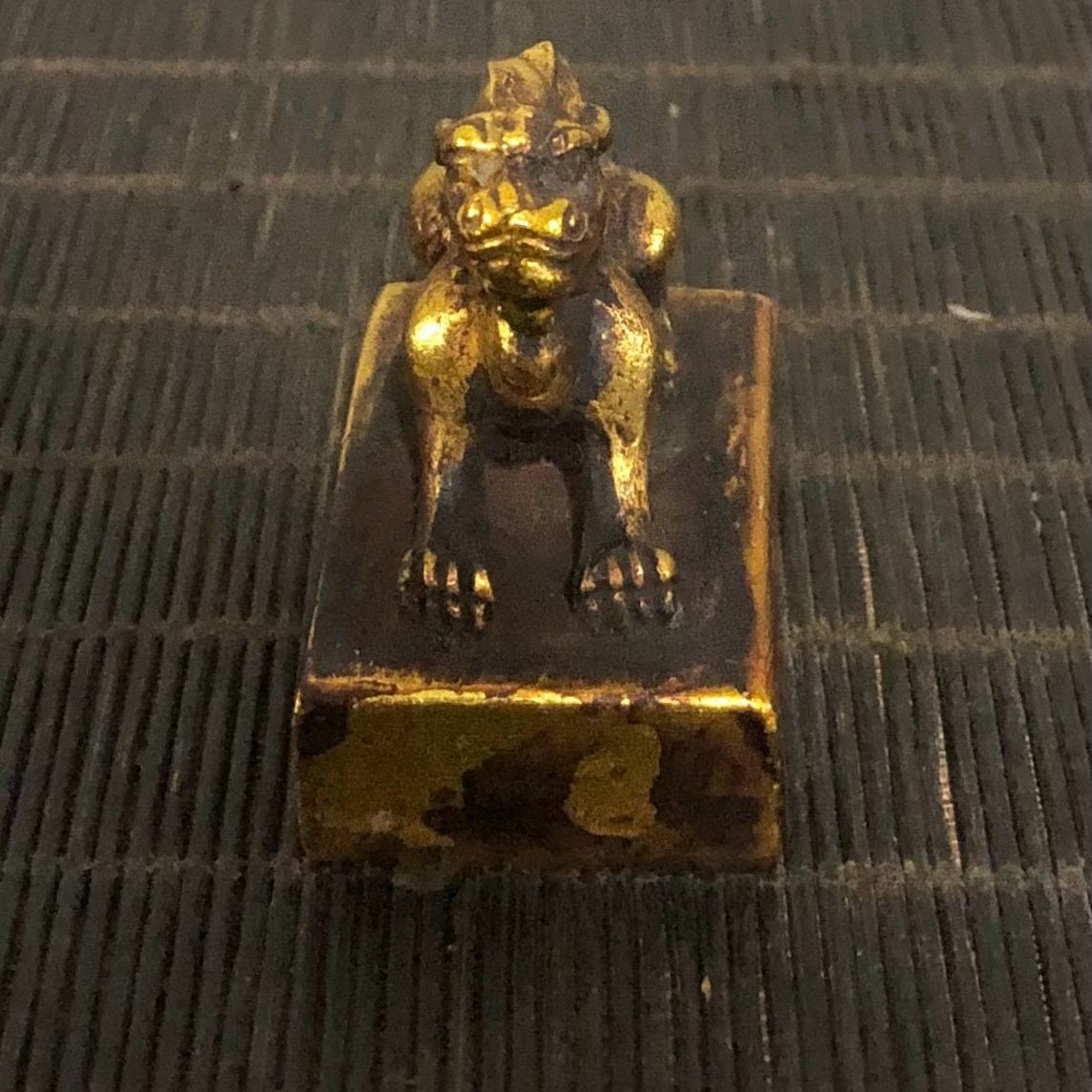 Antique Gilt Copper Beast Seal High Relief Engraved Vintage Patina Desktop Craft