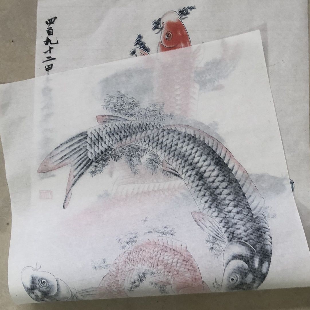 Nine Fish Shou Character Chinese Ink Painting Scroll Unframed Wall Art Decor