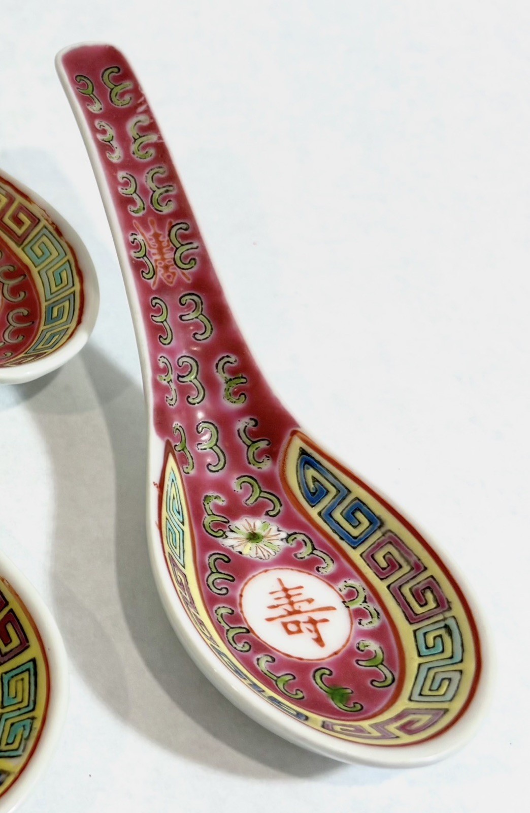 Vintage Chinese Famille Rose Mun Shou Porcelain Spoons Red Set of 6