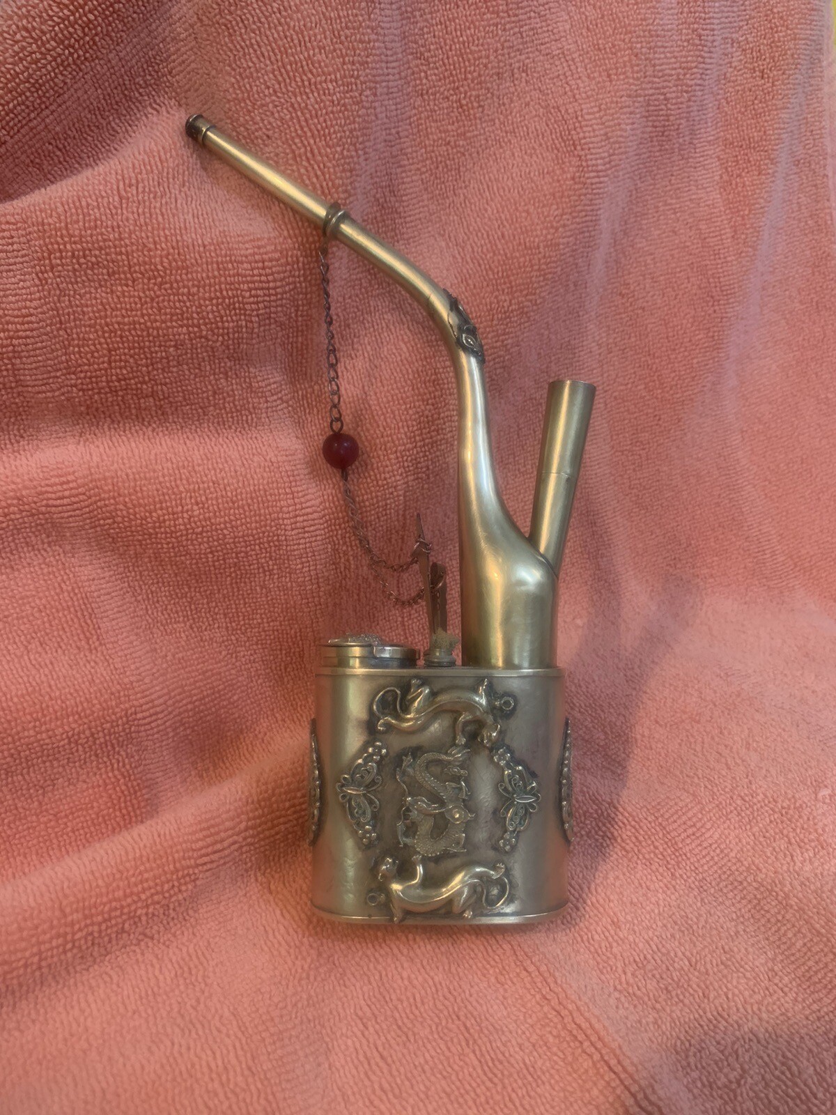 Antique Chinese Brass Pipe Very Ornate ￼Dragon,birds, Cats Circa 1900’s