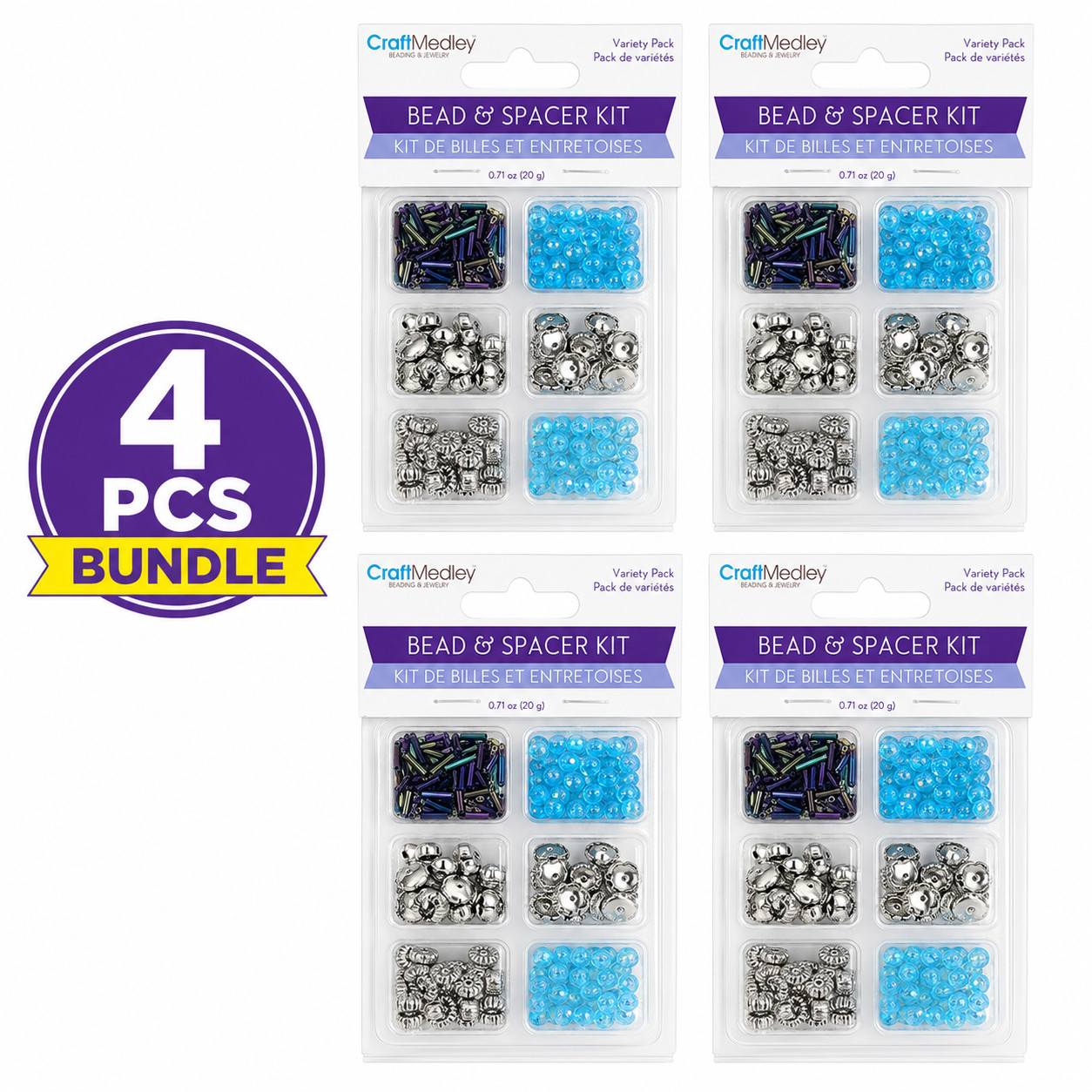 [Pack of 4] CraftMedley Blue Aqua Silver Bead & Spacer Kit – 0.71 oz