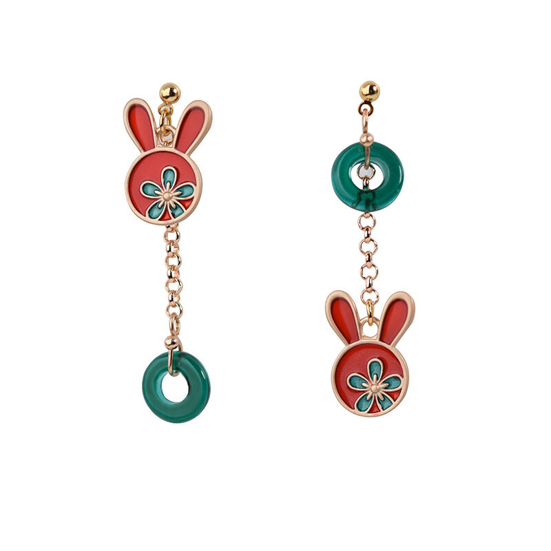 China Coloured Glaze/Oil Drop Alloy Animal Rabbit Tibetan Style Earbob Earrings