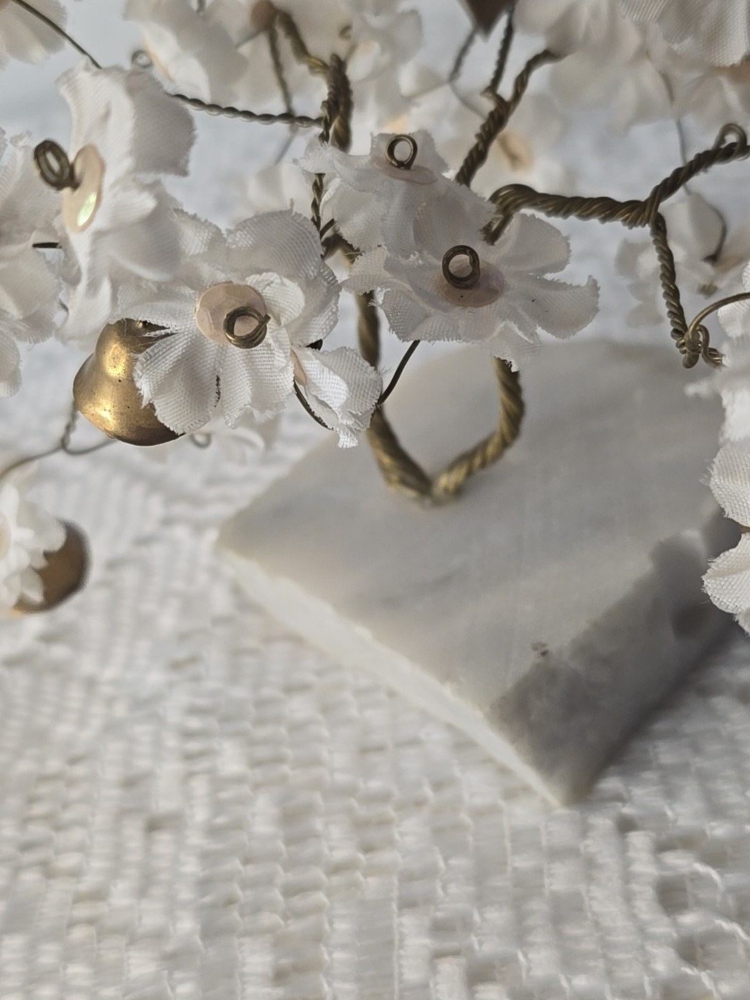 VTG Bonsai Prosperity Tree White Blossom Flowers Brass Bells Stone Base