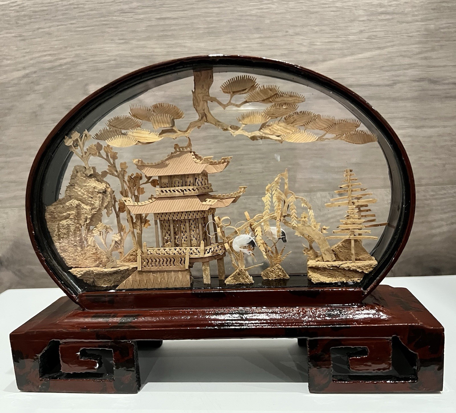 Vintage Chinese Hand Carved Cork Enclosed Diorama Sculpture Village 8” Long