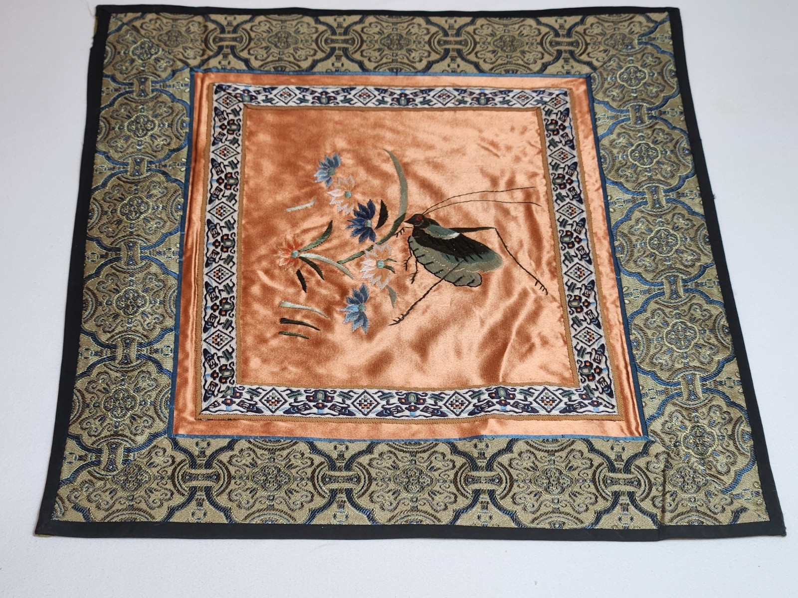 Vintage Chinese Hand Embroidered Silk Panel Flowers Grasshopper Design