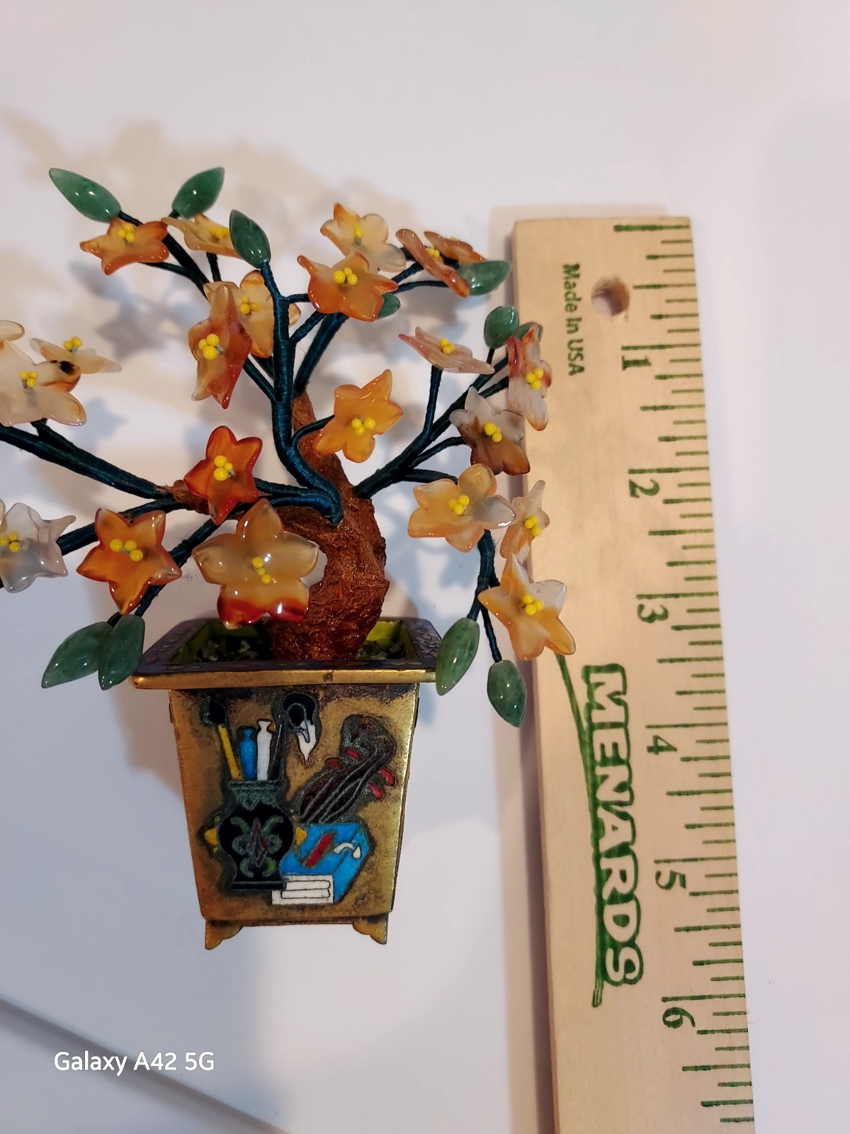 Vintage Carved Jade Tree Bonsai Flowers Cloisonne Planter Gemstones Carnelian