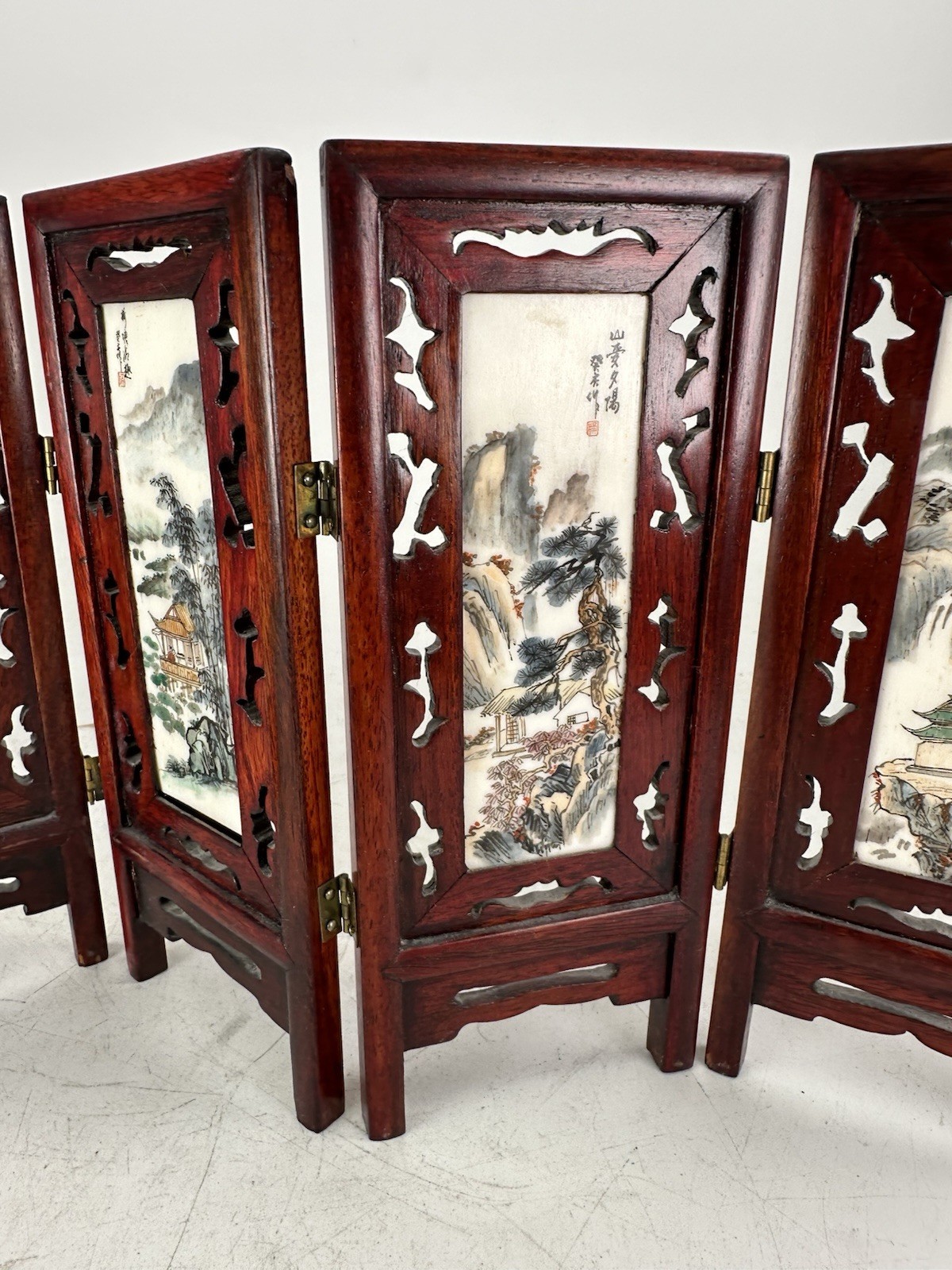 Antique Chinese 1900s 4 Panel Hand-Painted Mini Folding Screen Carved Engraved