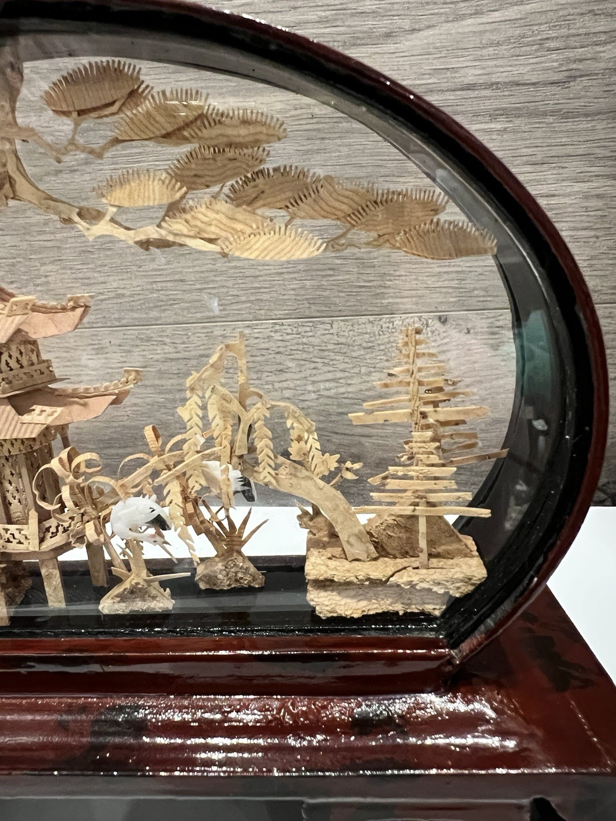 Vintage Chinese Hand Carved Cork Enclosed Diorama Sculpture Village 8” Long
