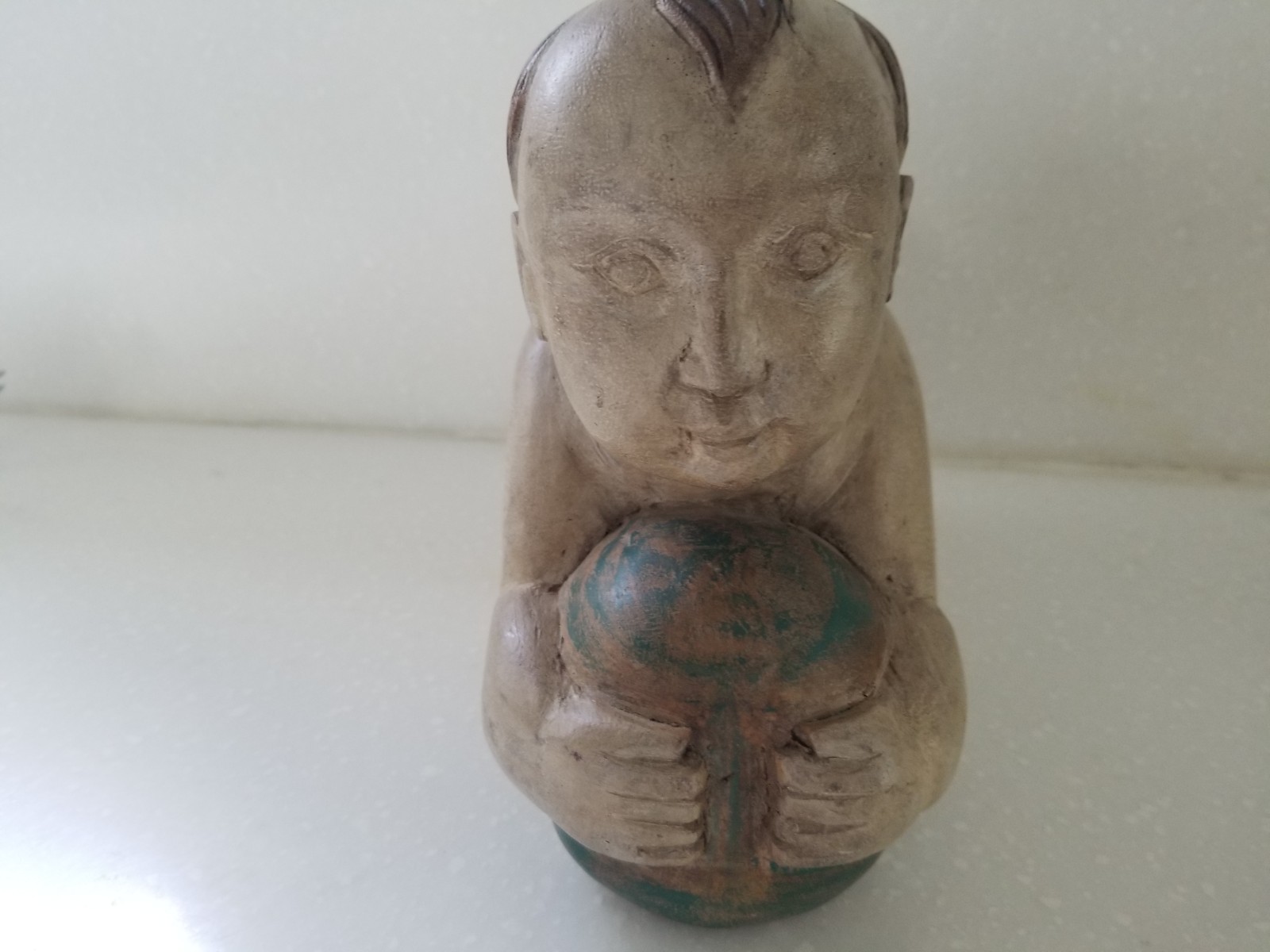Vintage Chinese Opium Pillow Boy with Ball Solid Wood Headrest Hand Carved 9×7.5