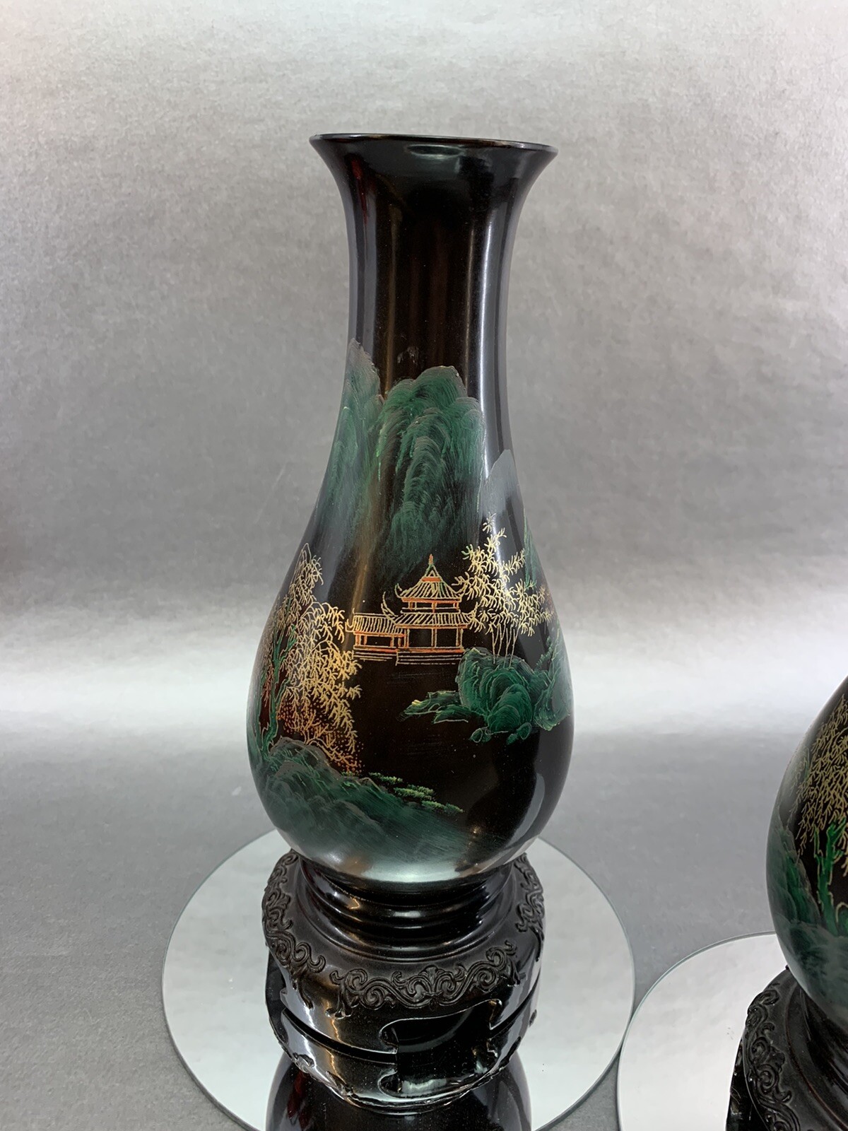 ONE Chinese Hand Painted Fuzhou Foochow Black Lacquerware 9” Vase Lacquer Asian
