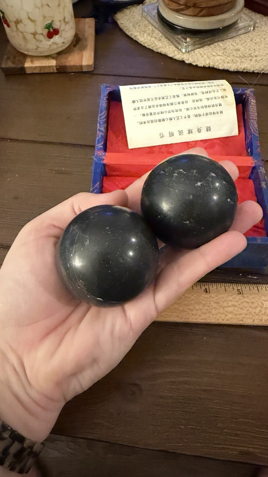 Chinese Baoding Balls Set, Black Stone Spheres w/ Blue Brocade Box & Insert