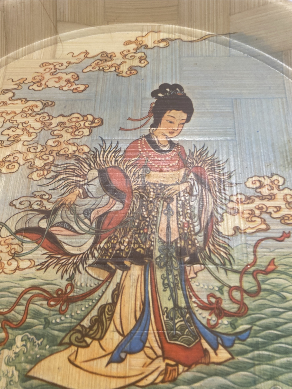 Vintage Decorative Hand Woven Painted Asian Bamboo Tray 13″ Im iR