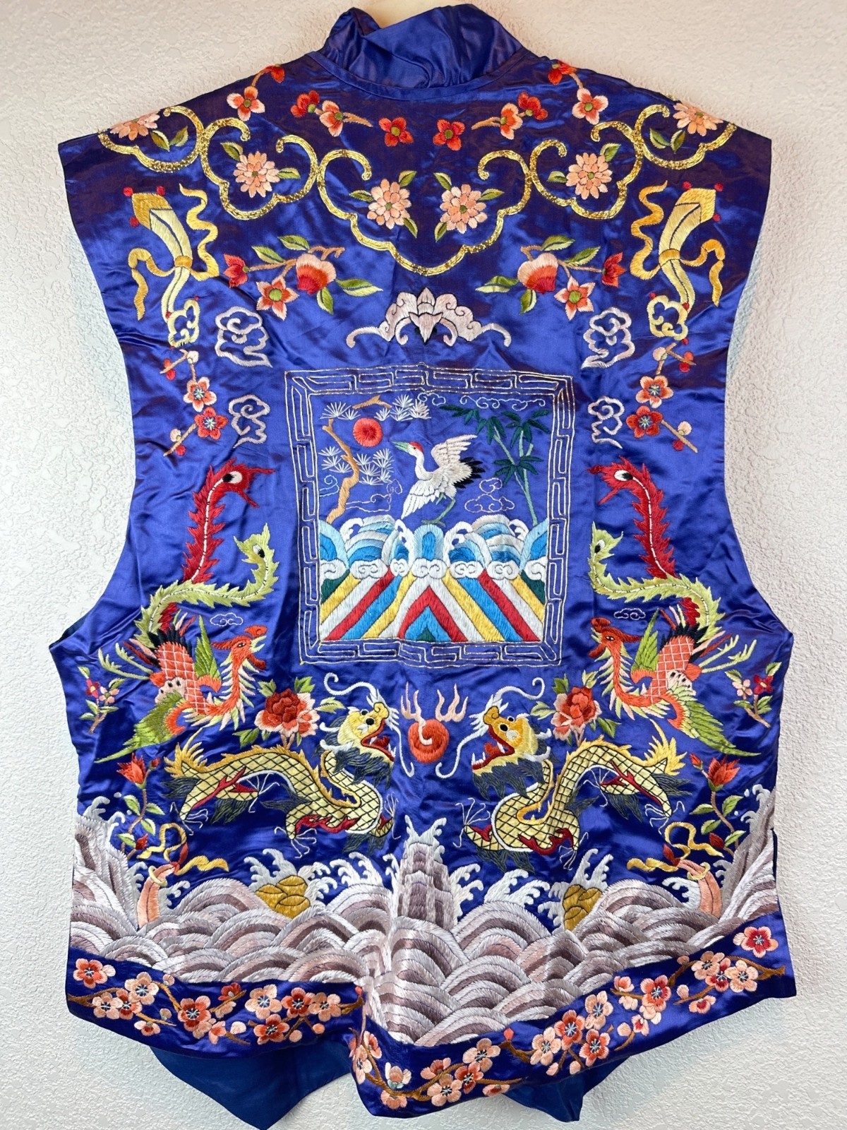 Vintage Dunhuang Fully Embroidered Chinese Dragon Crane Vest Blue M/L Oriental