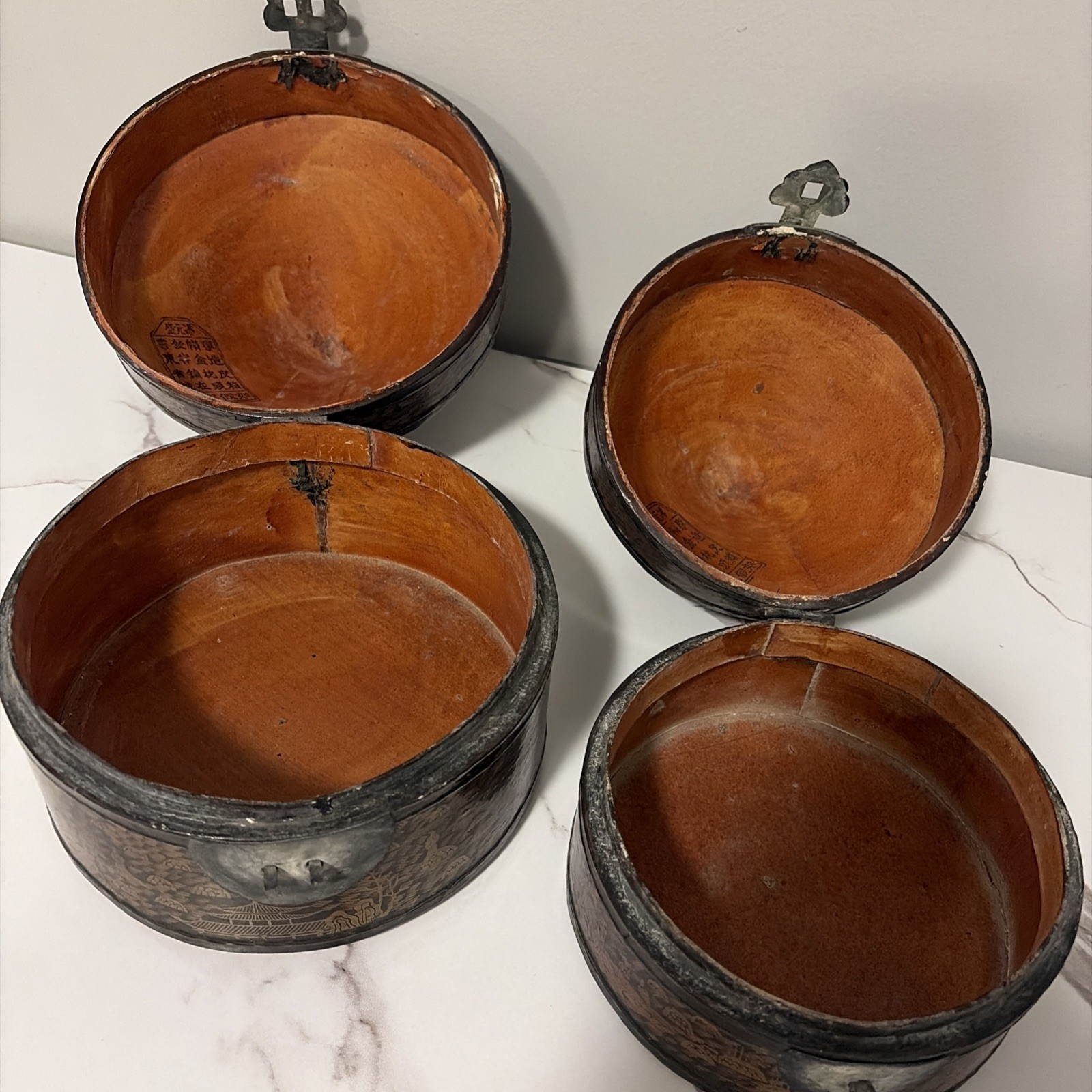 Oriental Vintage Lacquer Wooden Caddy Dresser Case Set Dragons