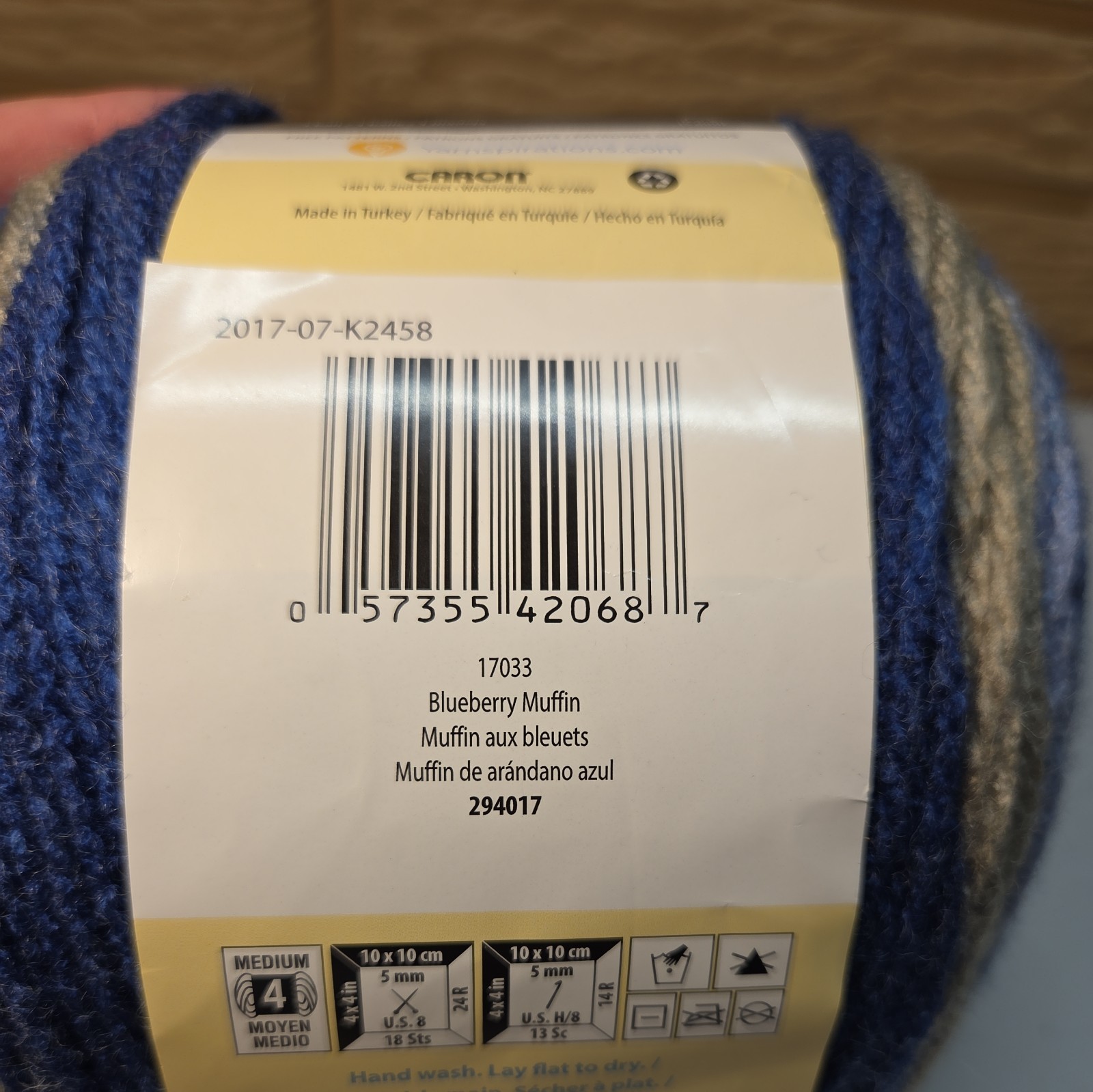 Caron Cakes Blueberry Muffin Worsted Self-Striping Yarn Blue Cream Gray