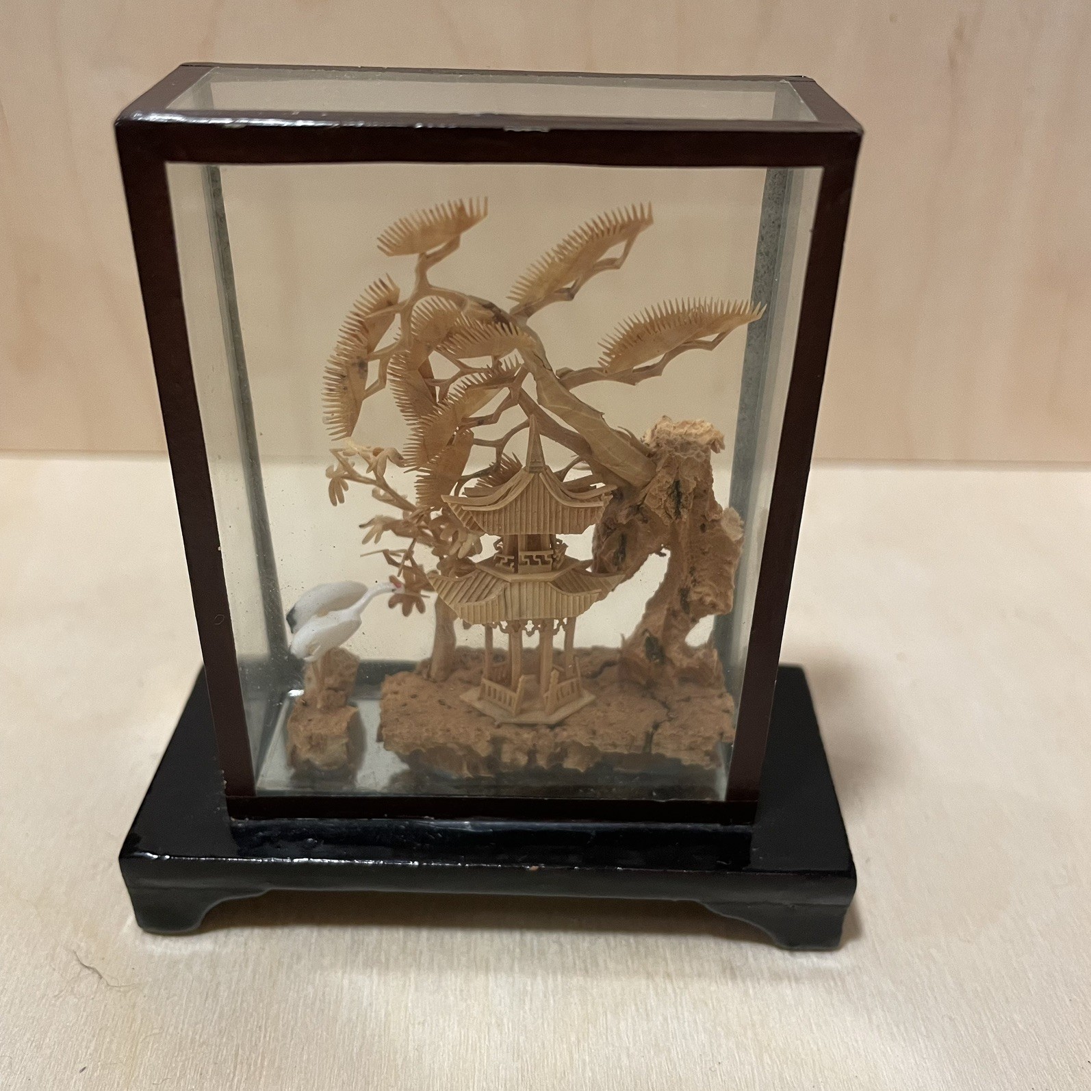 Handmade Vtg Small Chinese Carved Cork Diorama Pagoda with Trees Cranes 3.5″