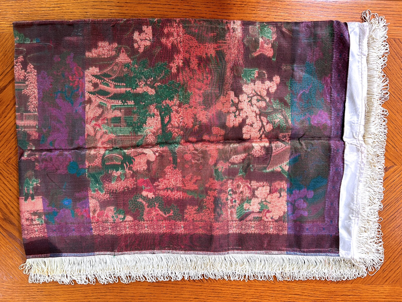 VINTAGE “BROCADED FLOWERS” CHINESE SILK TAPESTRY TABLECLOTH/WALL HANGING 56″x38″