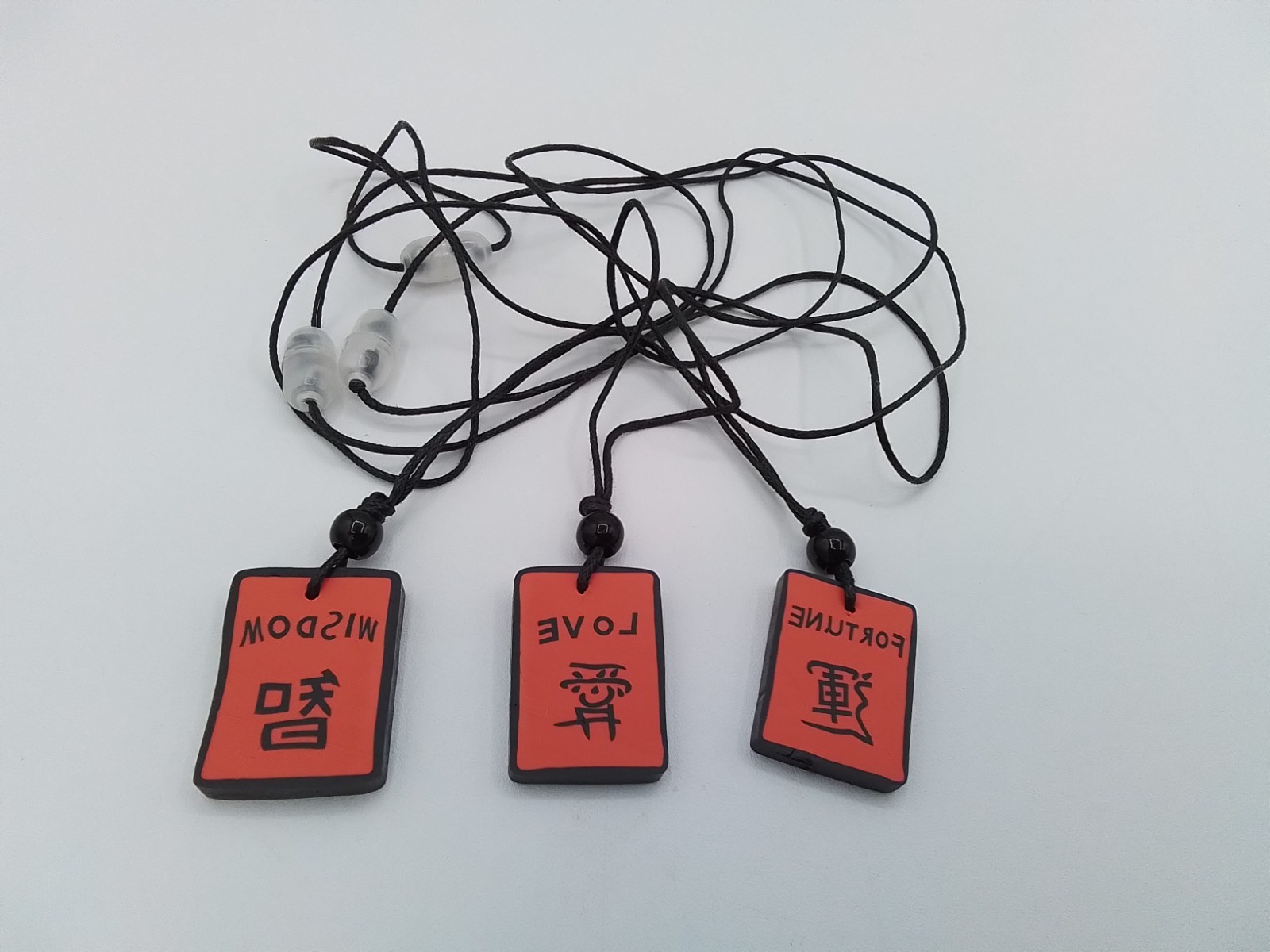 3 ASAIN CHINESE TILE 26″ NECKLACES LOVE WISDOM FORTUNE MYTHOLOGY PHILOSOPHY VTG