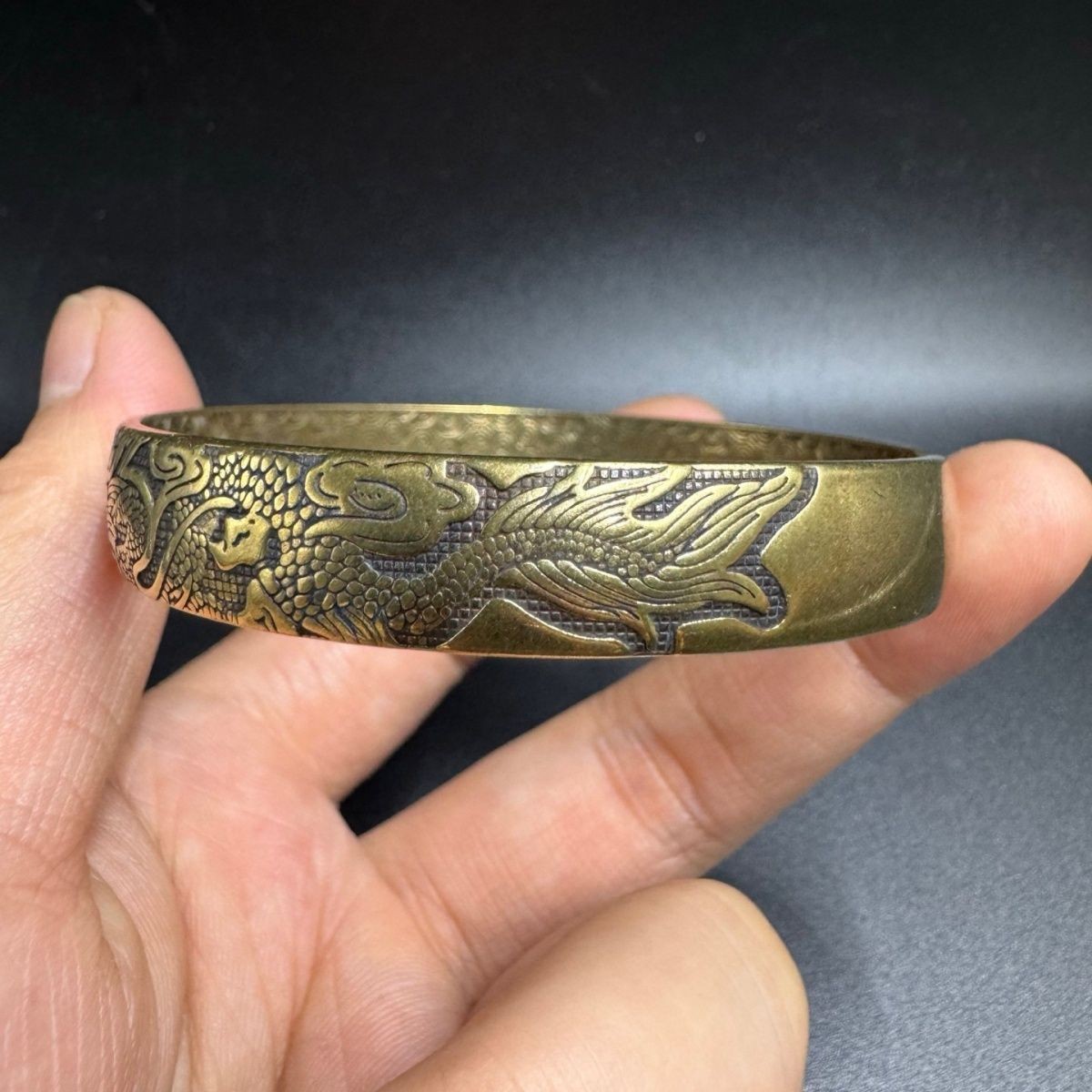 Vintage Brass Dragon Phoenix Bangle Antique Copper Open Bracelet