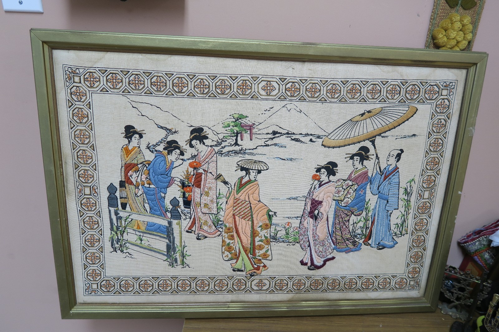 Asian Embroidery Over Painted Canvas Geishas Framed 19″ x 29″ – 22″ x 32″
