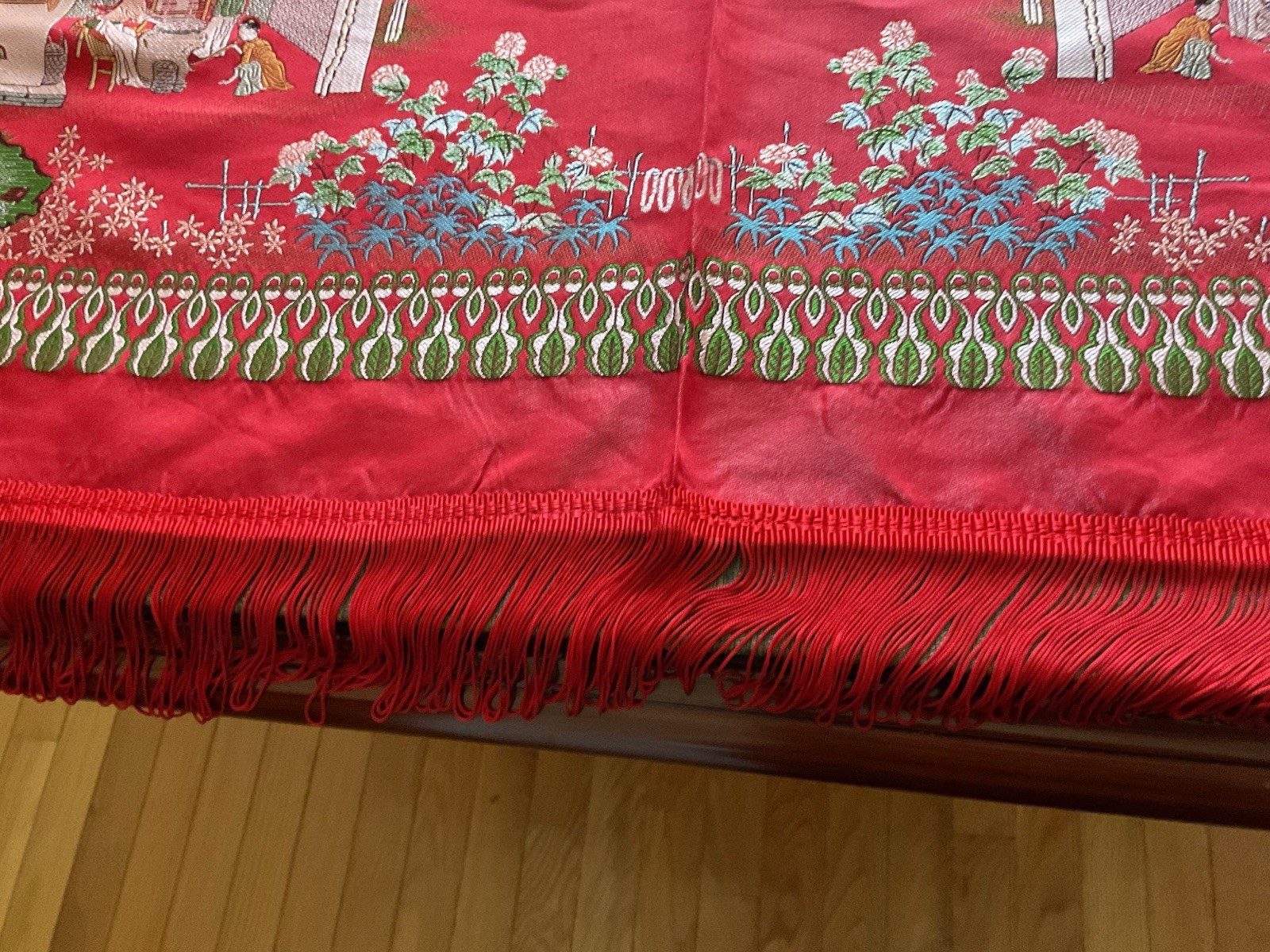 Vintage Brocaded Flowers brand Chinese Red Silk Tapestry Tablecloth 80″x54″