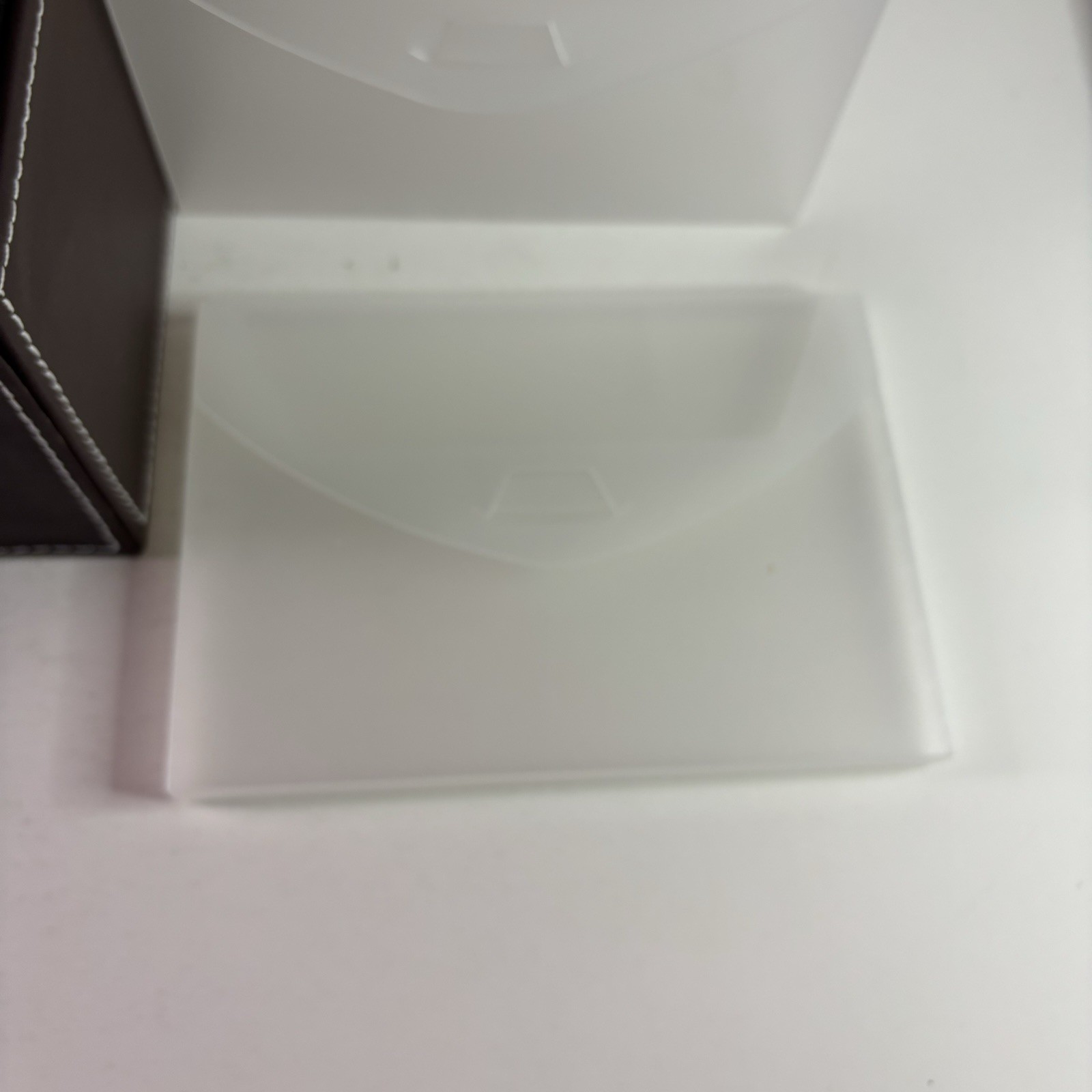 Photo Storage Organizer Box w/ Cases. Faux Brown Leather, Clear Cases with label
