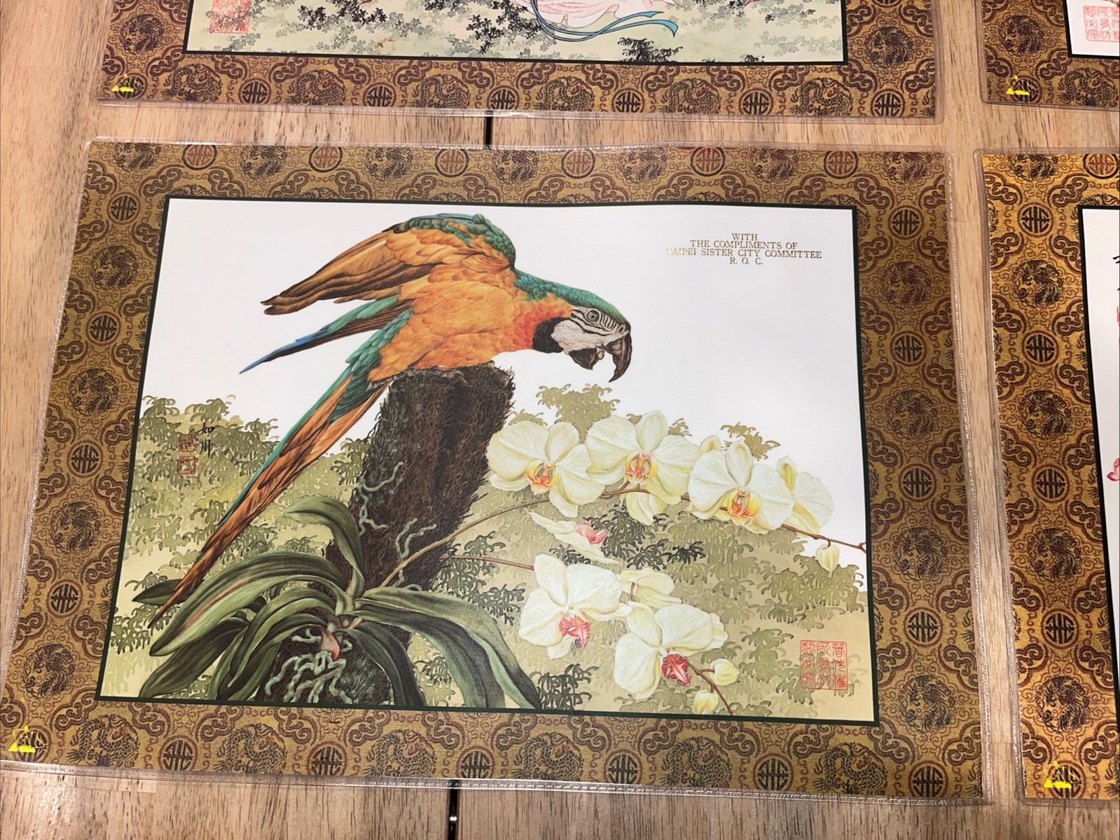 H136~ Chinese Silk Placemats Hand Painted Watercolors Double Sided Laminate