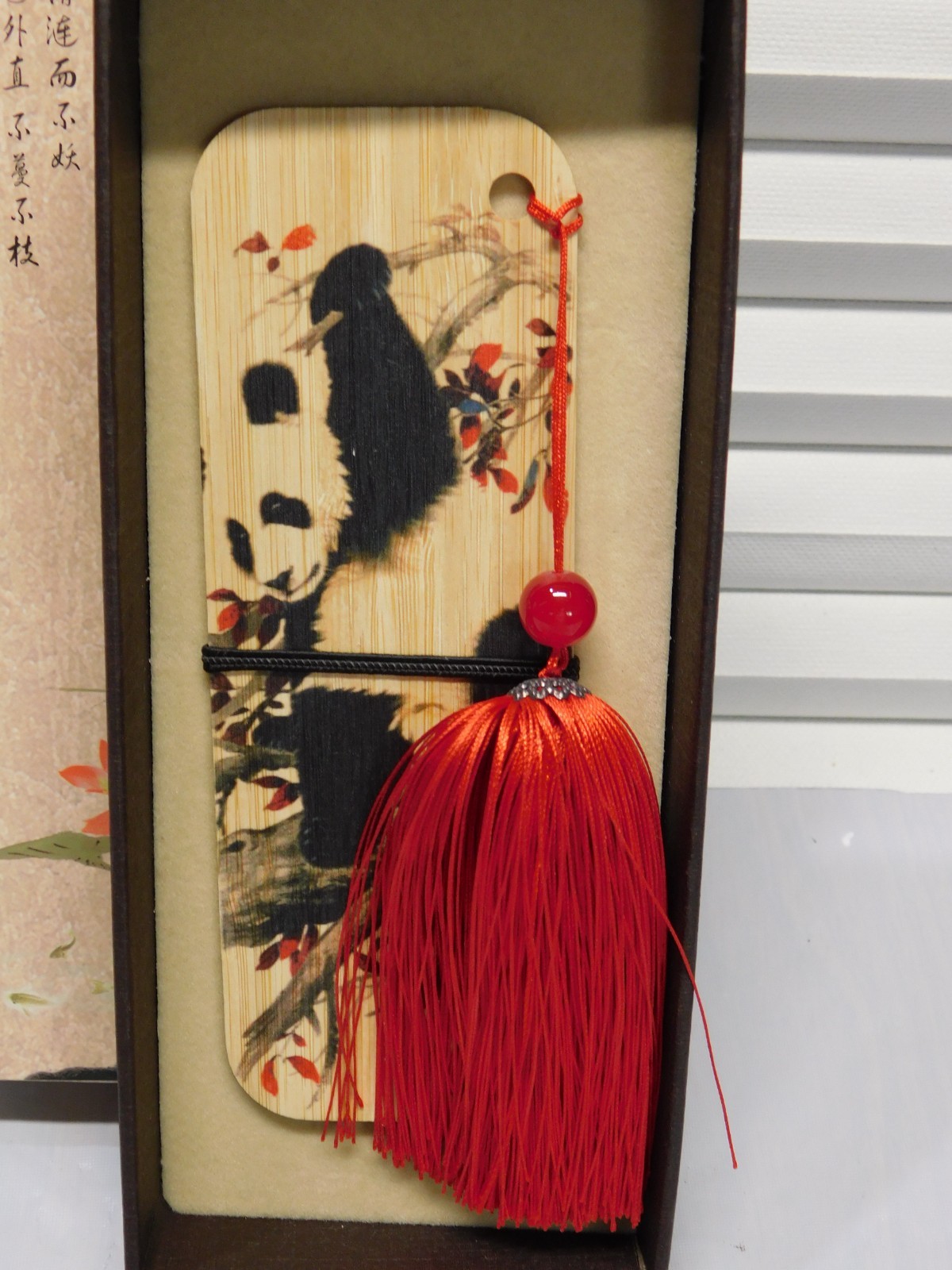 CHINESE COLLECTIBLE WOODEN PANDA BEAR AND SILK TASSEL BOOKMARK