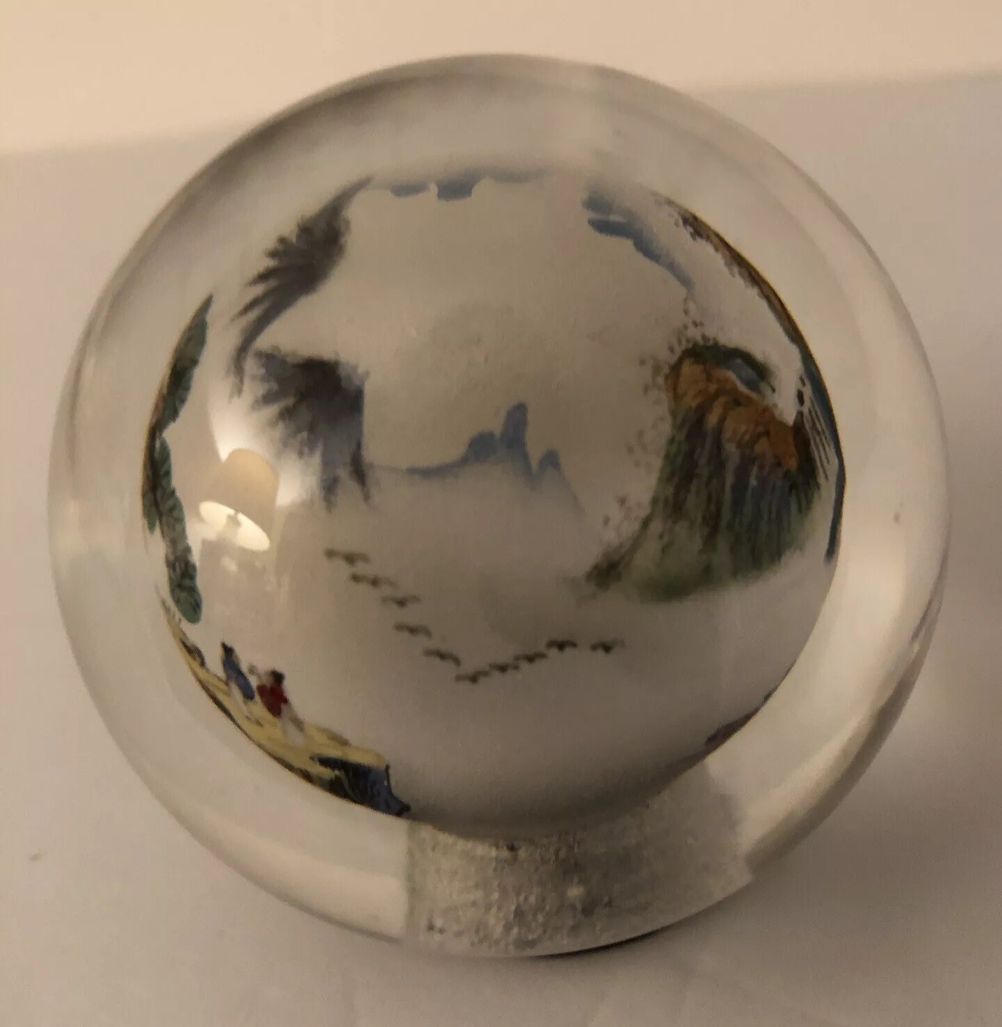 VTG Reverse Painted Glass Ball Sphere Paperweight Oriental Mountain Scene 2”x2”