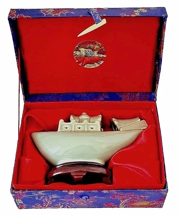 Yi Lin Arts and Treasures Celadon Boat and Wooden Stand with Silk Brocade Box