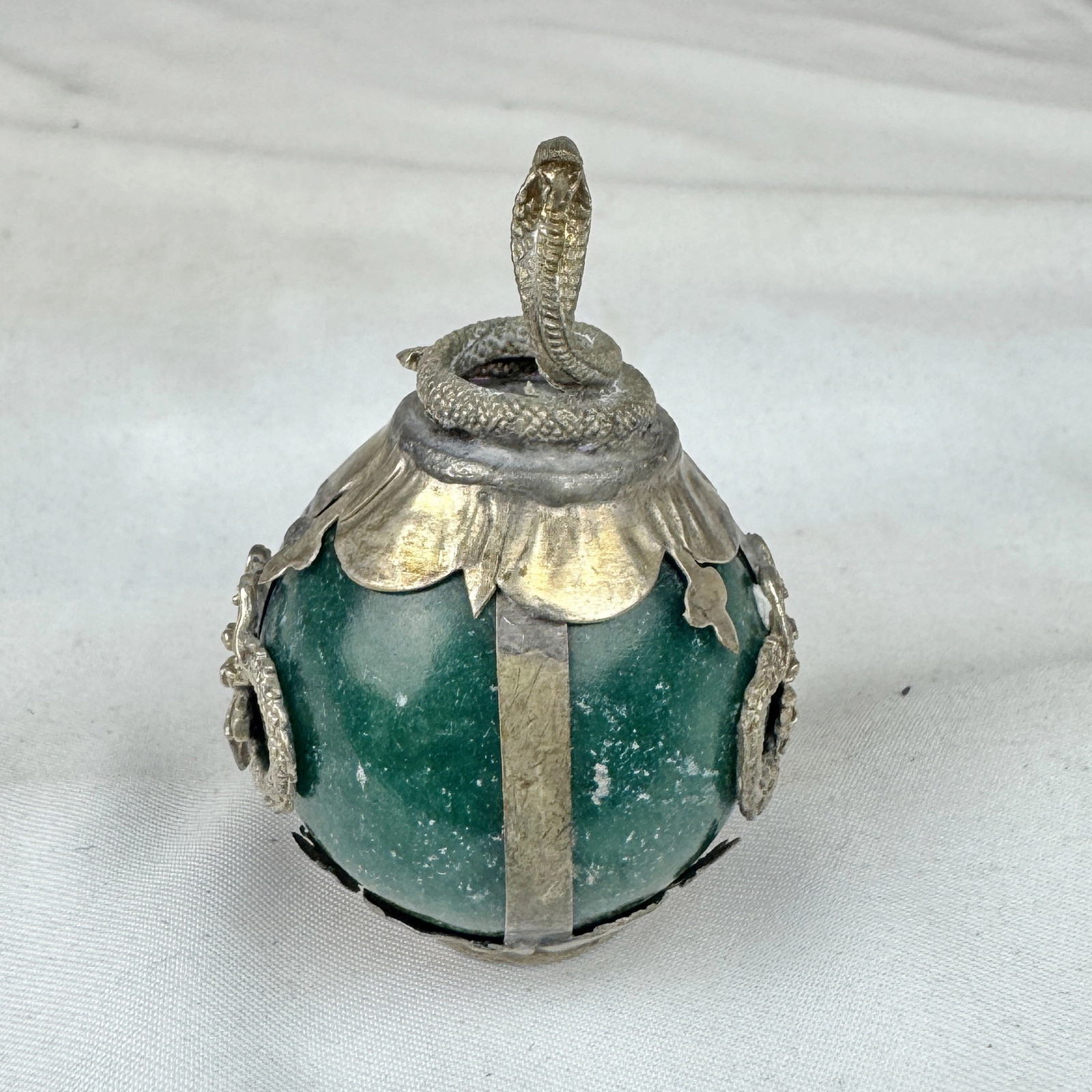 Vintage Chinese Zodiac SNAKE Green Marble Orb, Pewter/Tin Finial, Dragon Motif