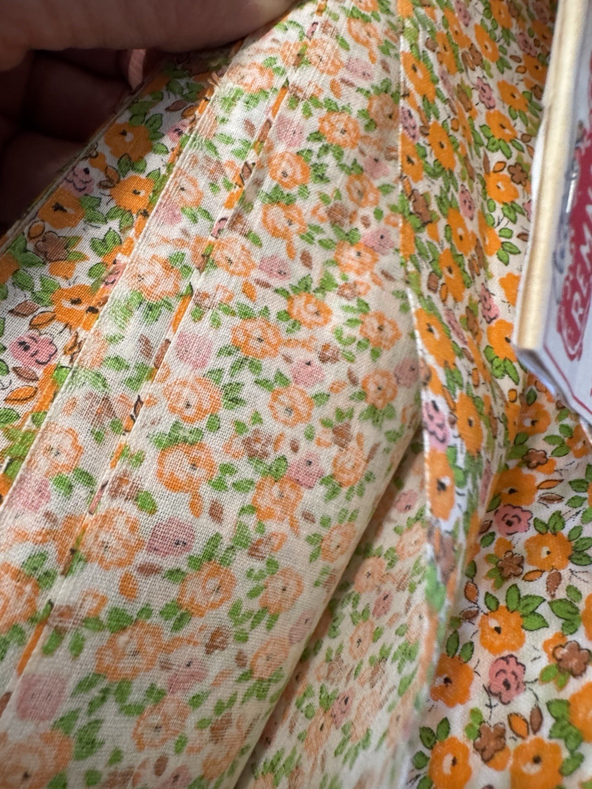 NEW Vintage Cotton Fabric w Store Tag 2 YARDS 35″ W Ditsy Orange Floral 60s 70s