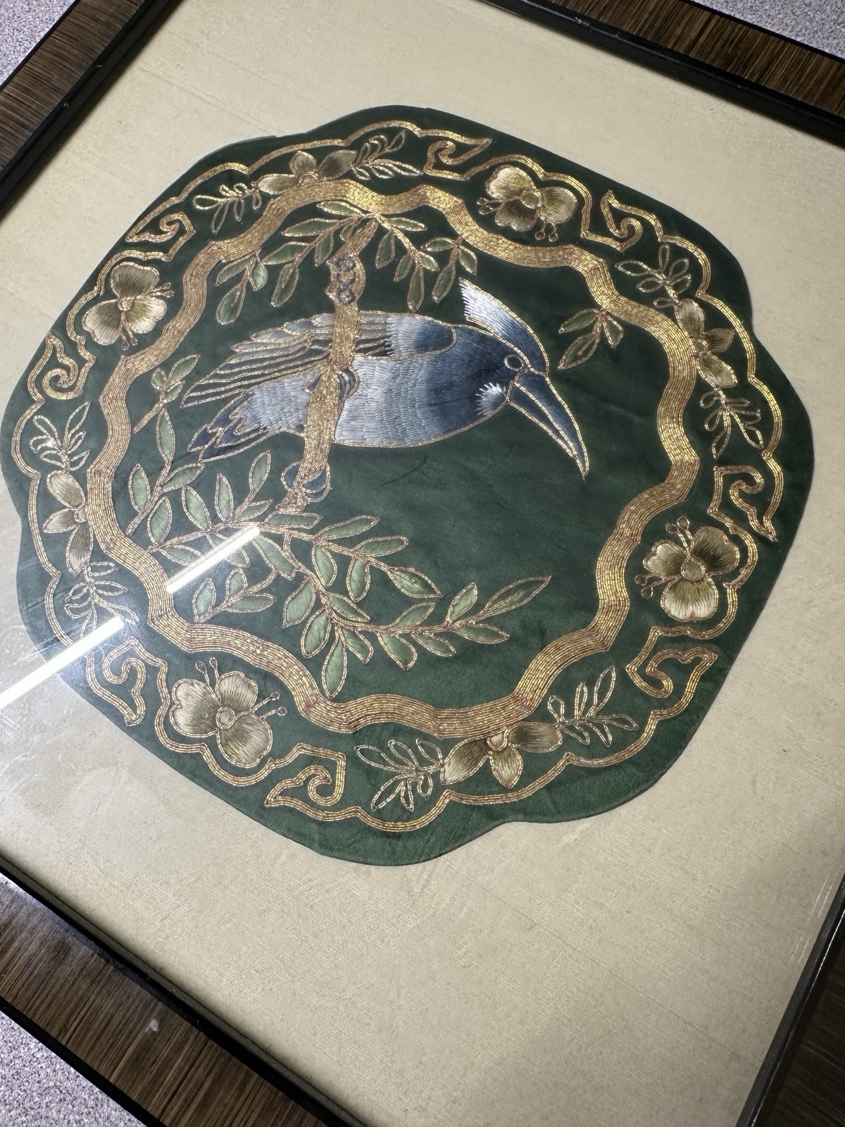Vintage Framed Chinese Embroidered Silk Crane 7”x7” Panel 11”x11” Frame See Desc