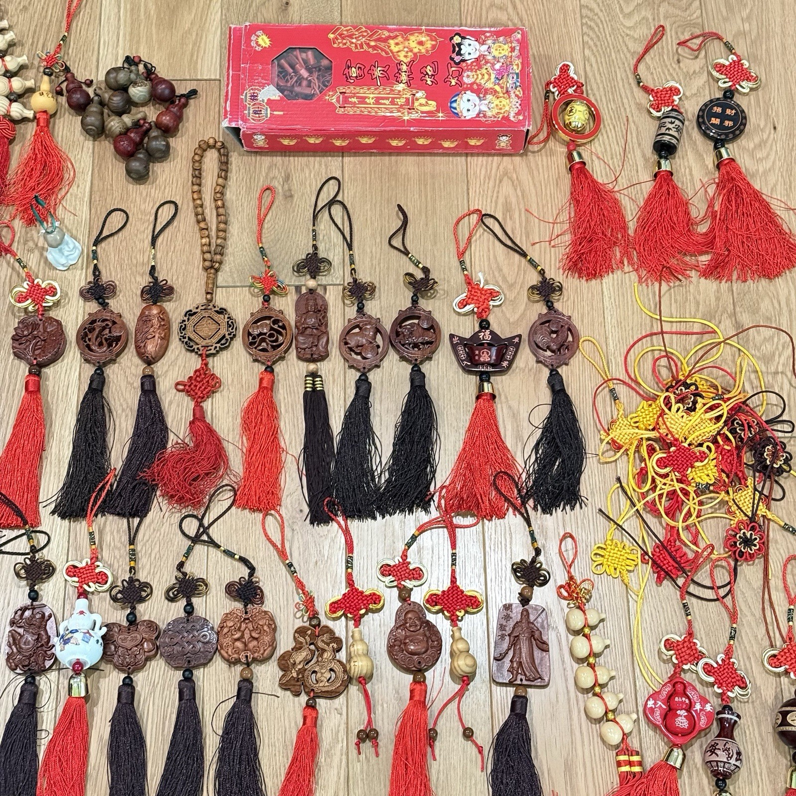 LOT OF Chinese Asian Good Luck Wall Hanging Wood Carve Porcelain Ornament Tassel