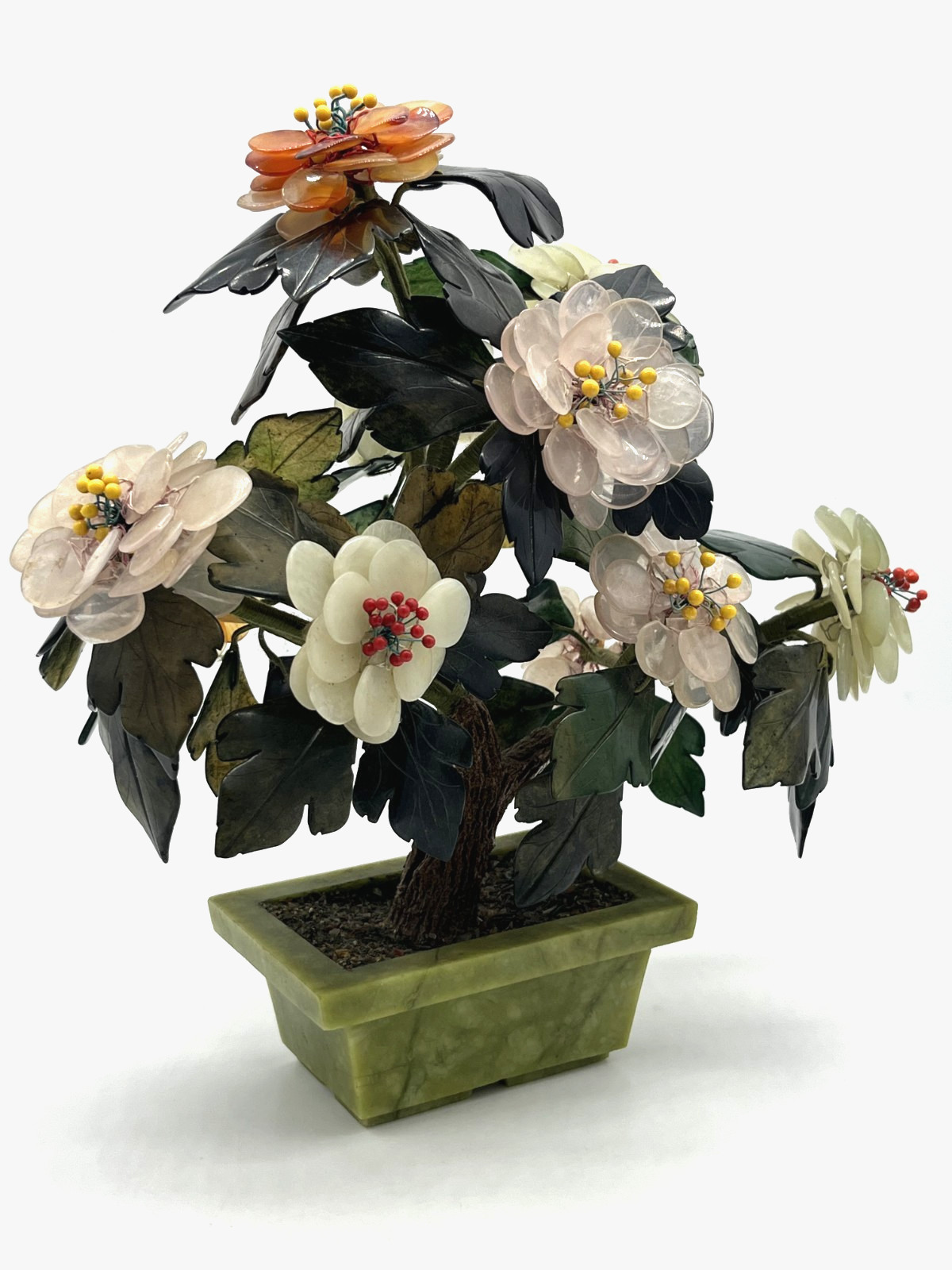 Vintage MCM Chinese Carved Gemstone Bonsai Tree Jade, Carnelian, Rose Quartz 11″