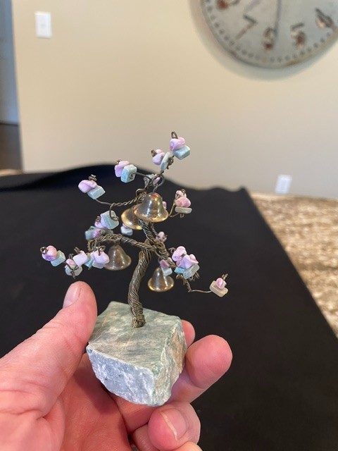 VNT Copper Wire Bonsai Tree with Brass Bells + Stone Blossoms on Quartz Base 4X3