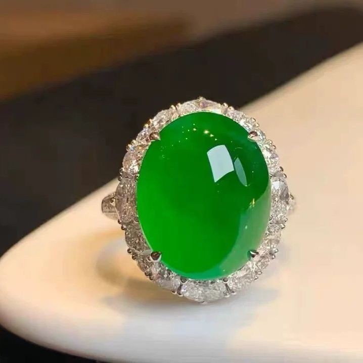 Natural Ice Type Jade Cabochon Ring Pendant Myanmar Bright Green Jade Unisex