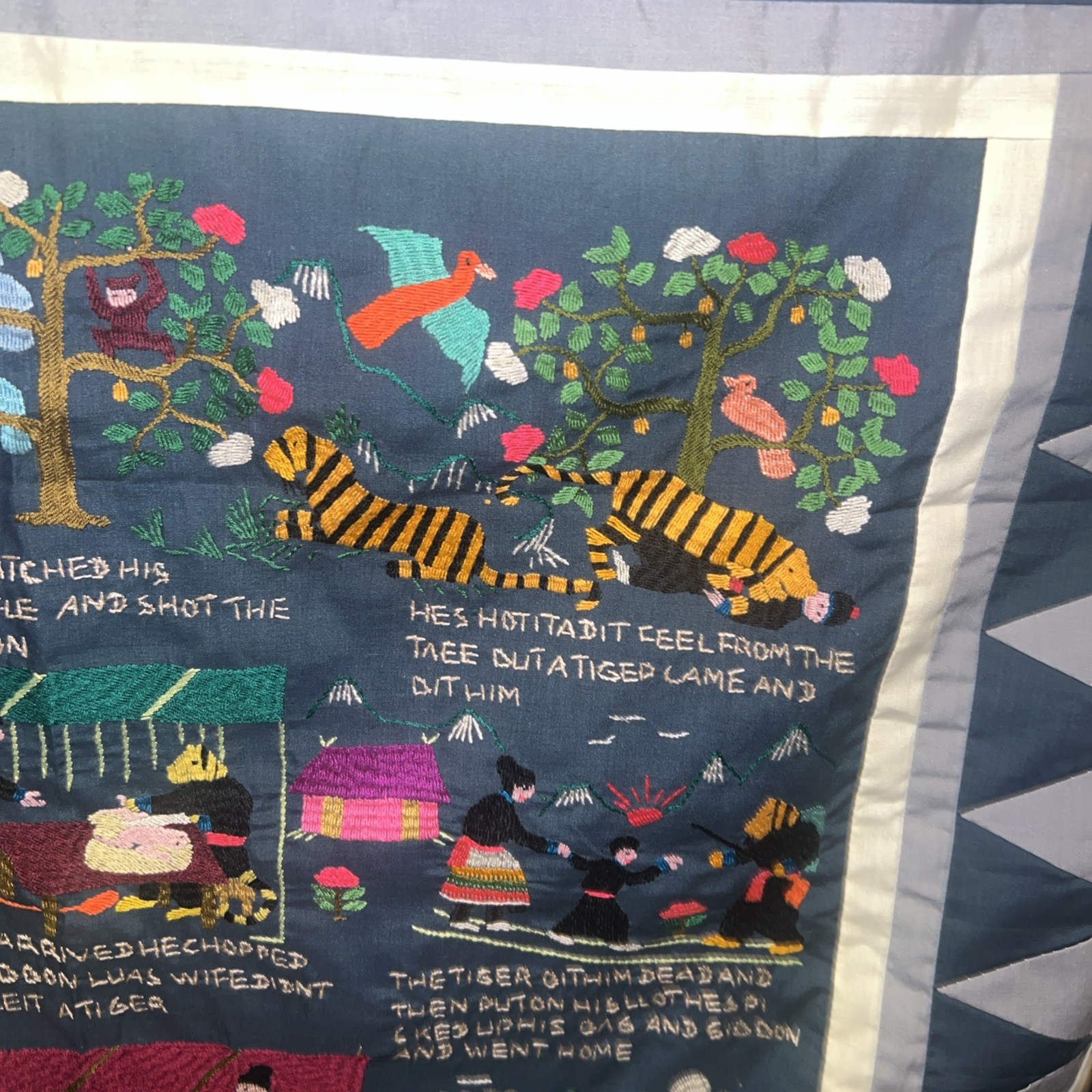 Vintage Hmong Hand Embroidered story cloth tapestry 38X52 Beautiful Blanket