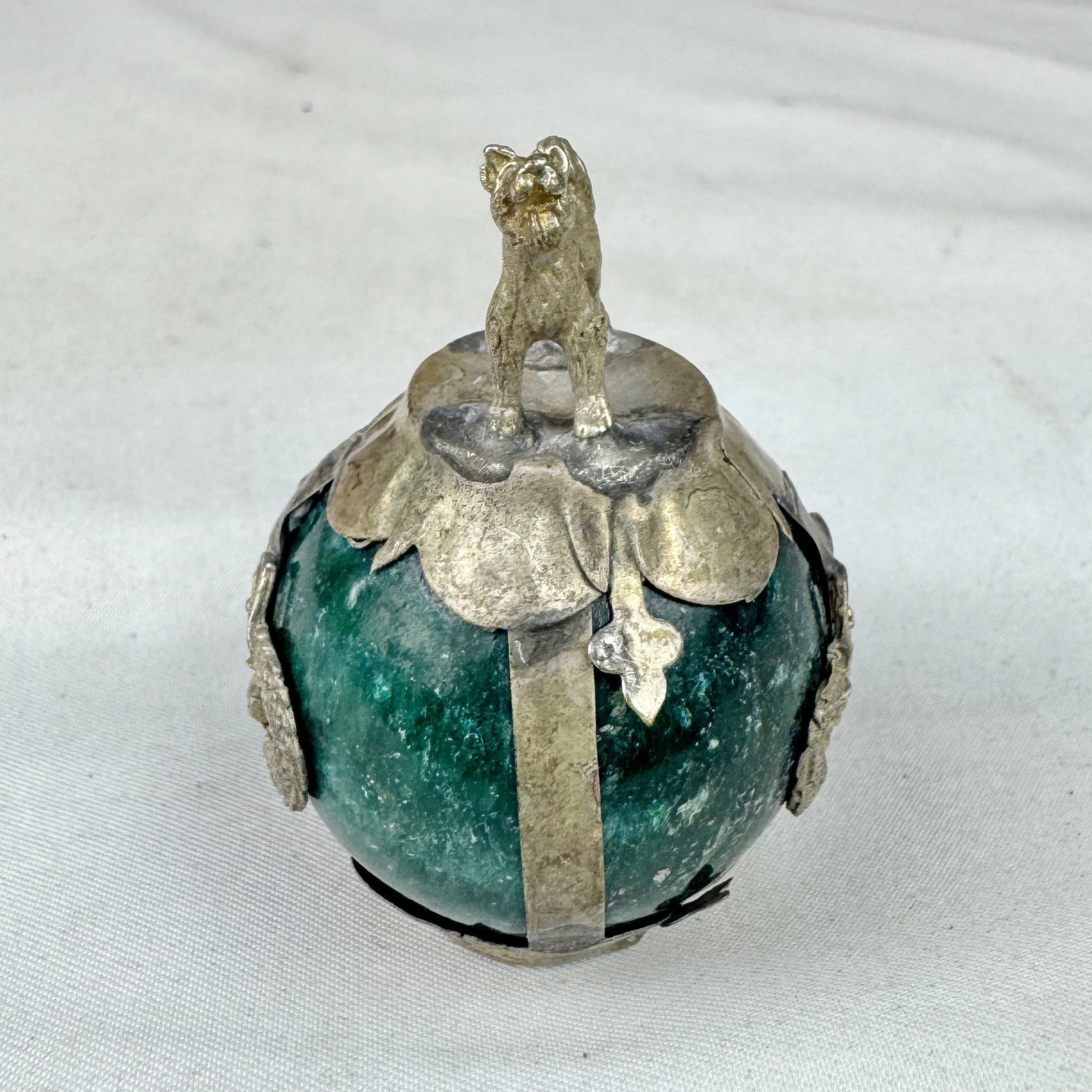 Vintage Chinese Zodiac DOG Green Marble Orb, Pewter/Tin Finial, Dragon Motif